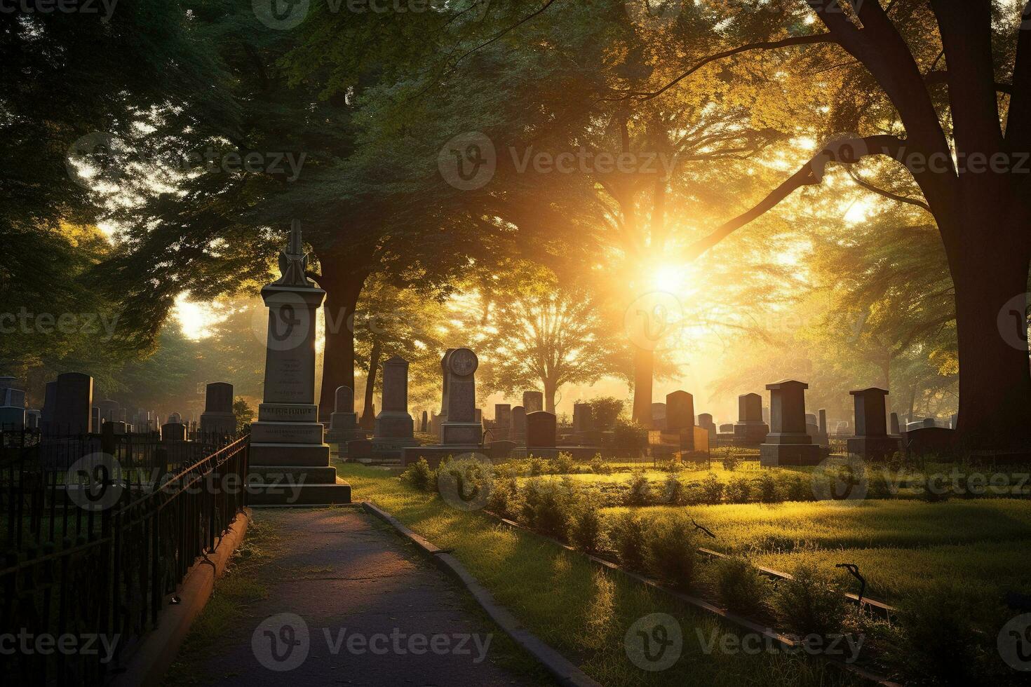 pierres tombales dans une cimetière à lever du soleil ai généré photo