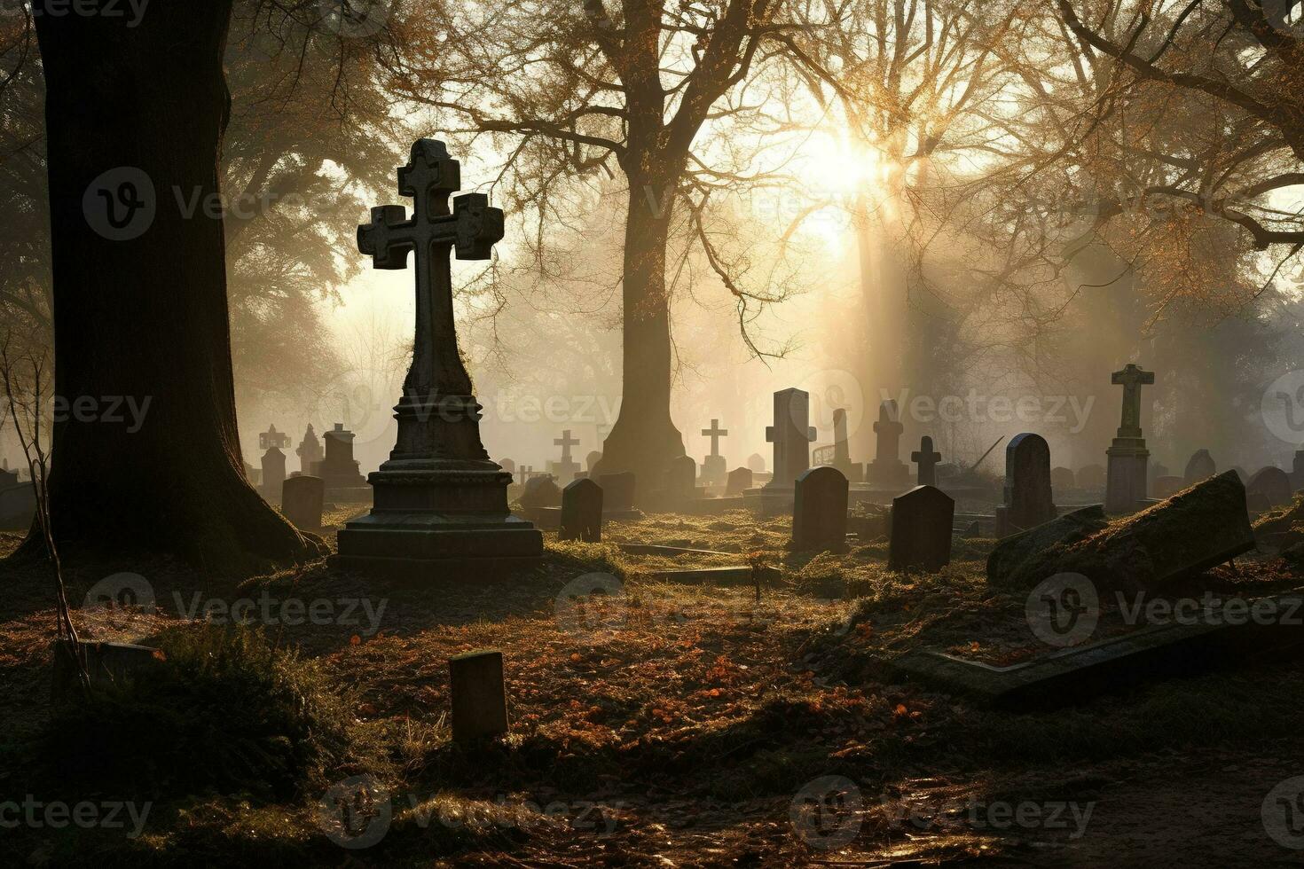 pierres tombales dans une cimetière à lever du soleil ai généré photo