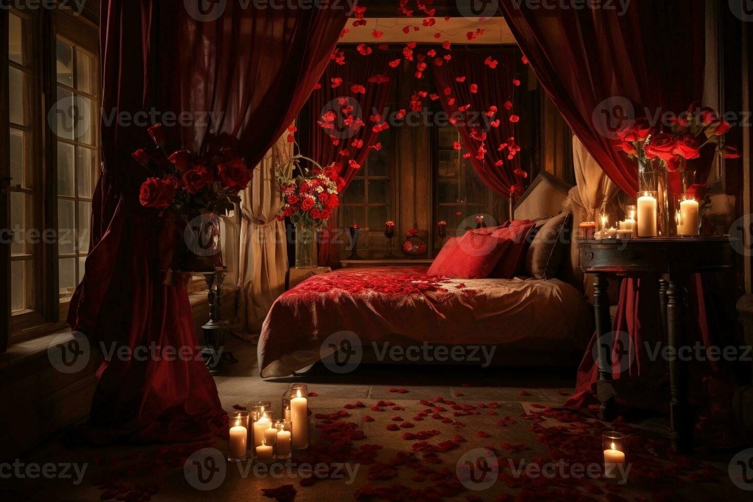 romantique pièce intérieur avec rose rideaux et rouge cœurs. la Saint-Valentin journée concept. ai généré photo