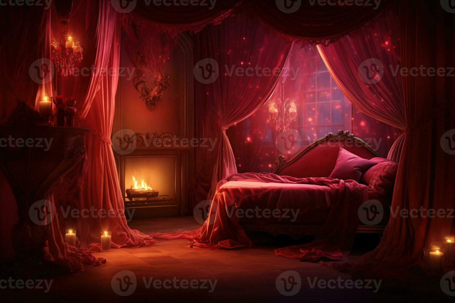 romantique pièce intérieur avec rose rideaux et rouge cœurs. la Saint-Valentin journée concept. ai généré photo