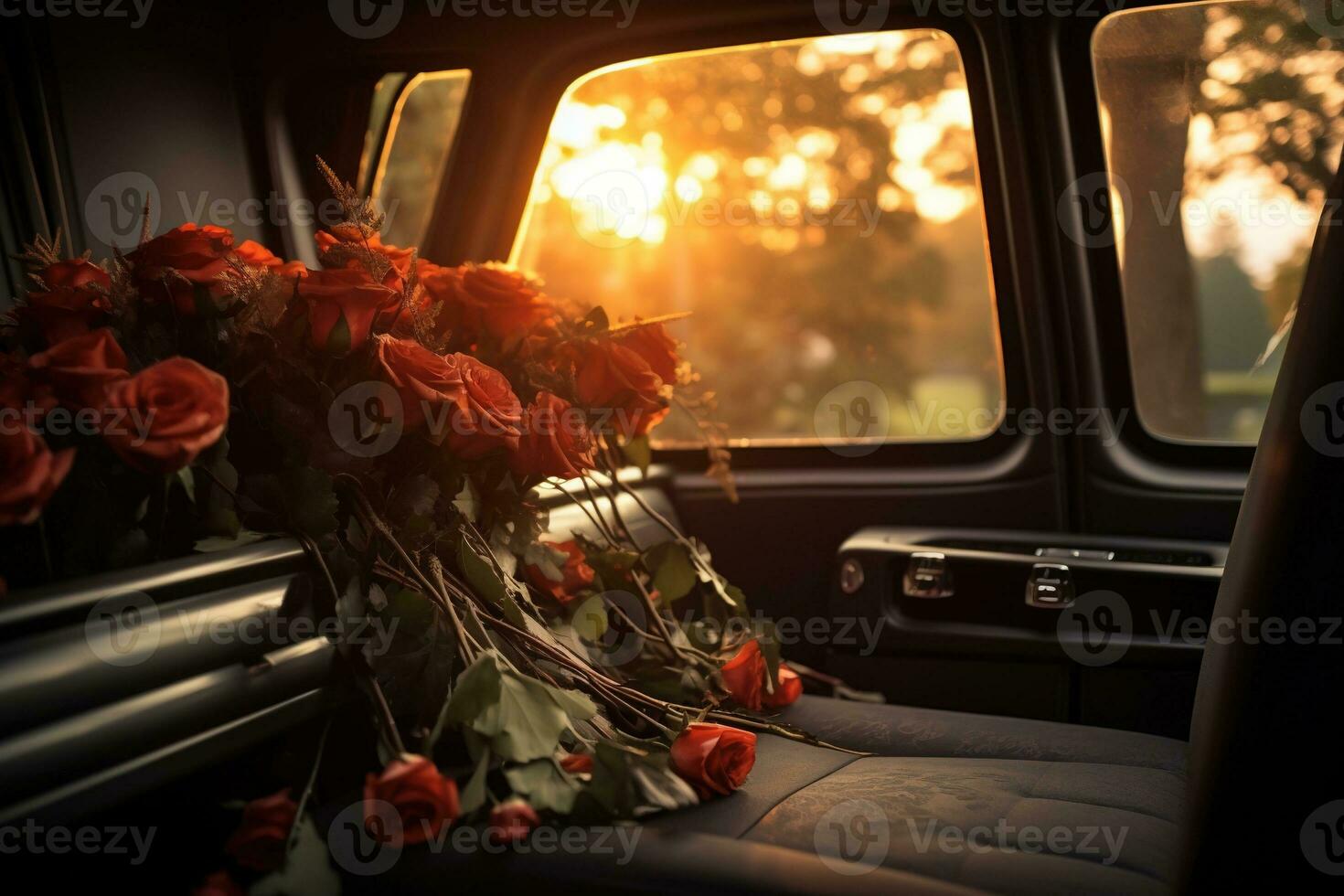 magnifique fleurs dans une voiture à le coucher du soleil. concept de funérailles. ai généré photo