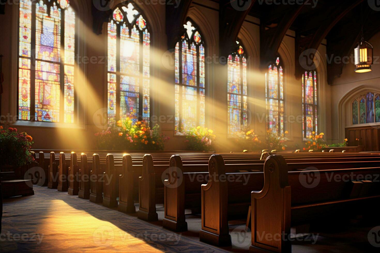 intérieur de une église avec une lot de fleurs dans le premier plan.funérailles concept ai généré photo