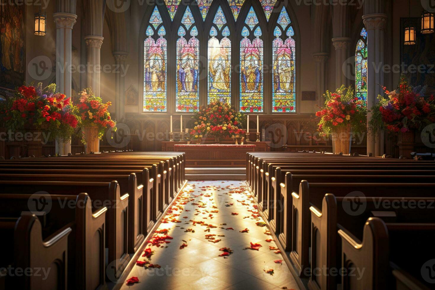 intérieur de une église avec une lot de fleurs dans le premier plan.funérailles concept ai généré photo