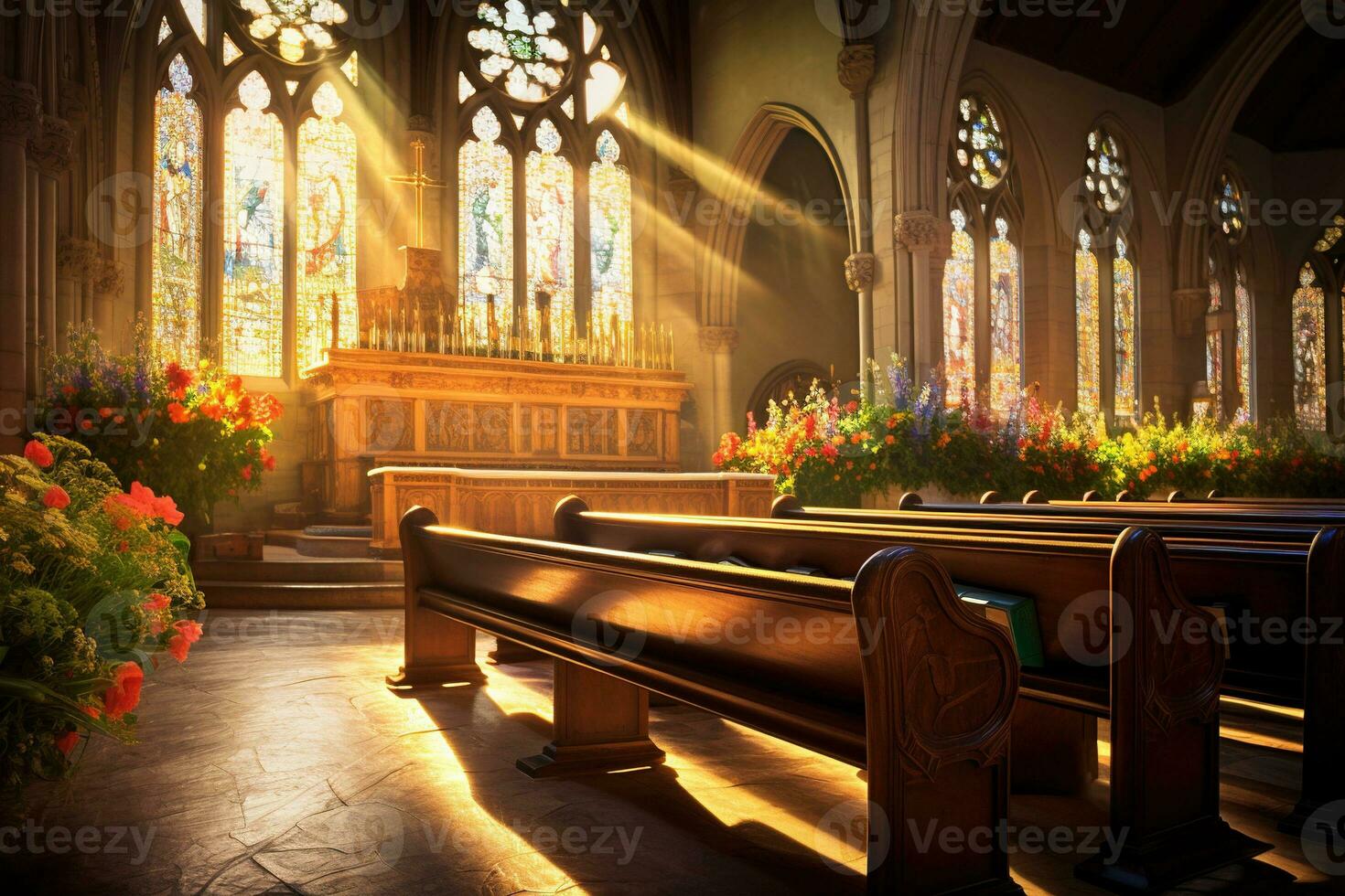 intérieur de une église avec une lot de fleurs dans le premier plan.funérailles concept ai généré photo