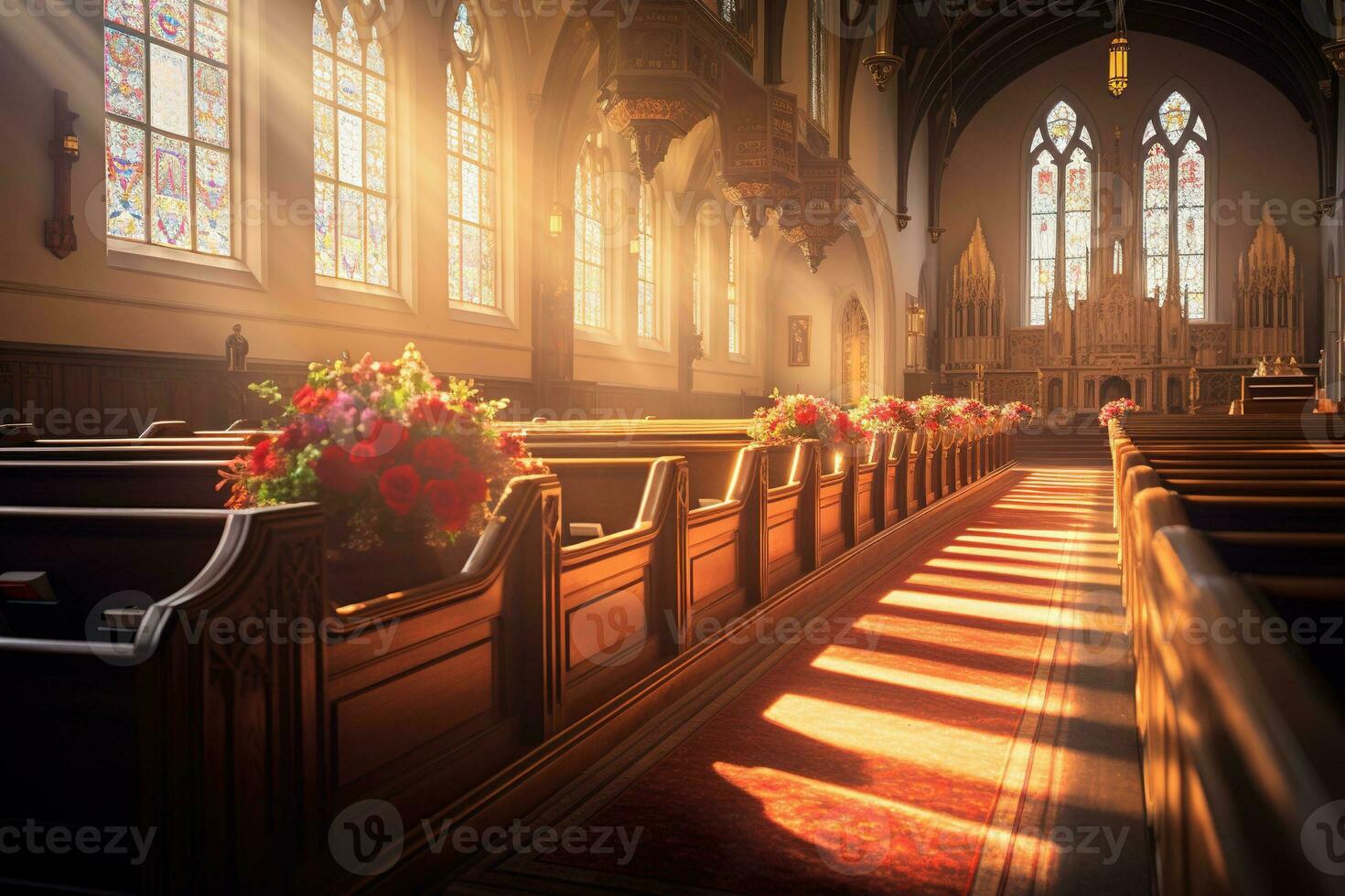 intérieur de une église avec une lot de fleurs dans le premier plan.funérailles concept ai généré photo