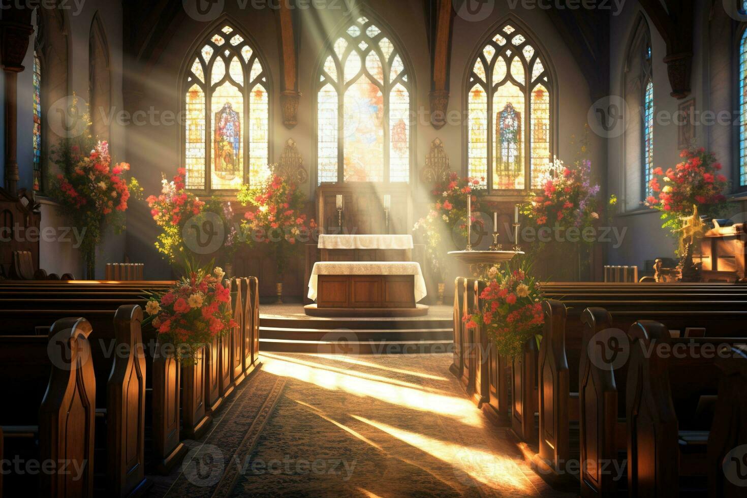 intérieur de une église avec une lot de fleurs dans le premier plan.funérailles concept ai généré photo