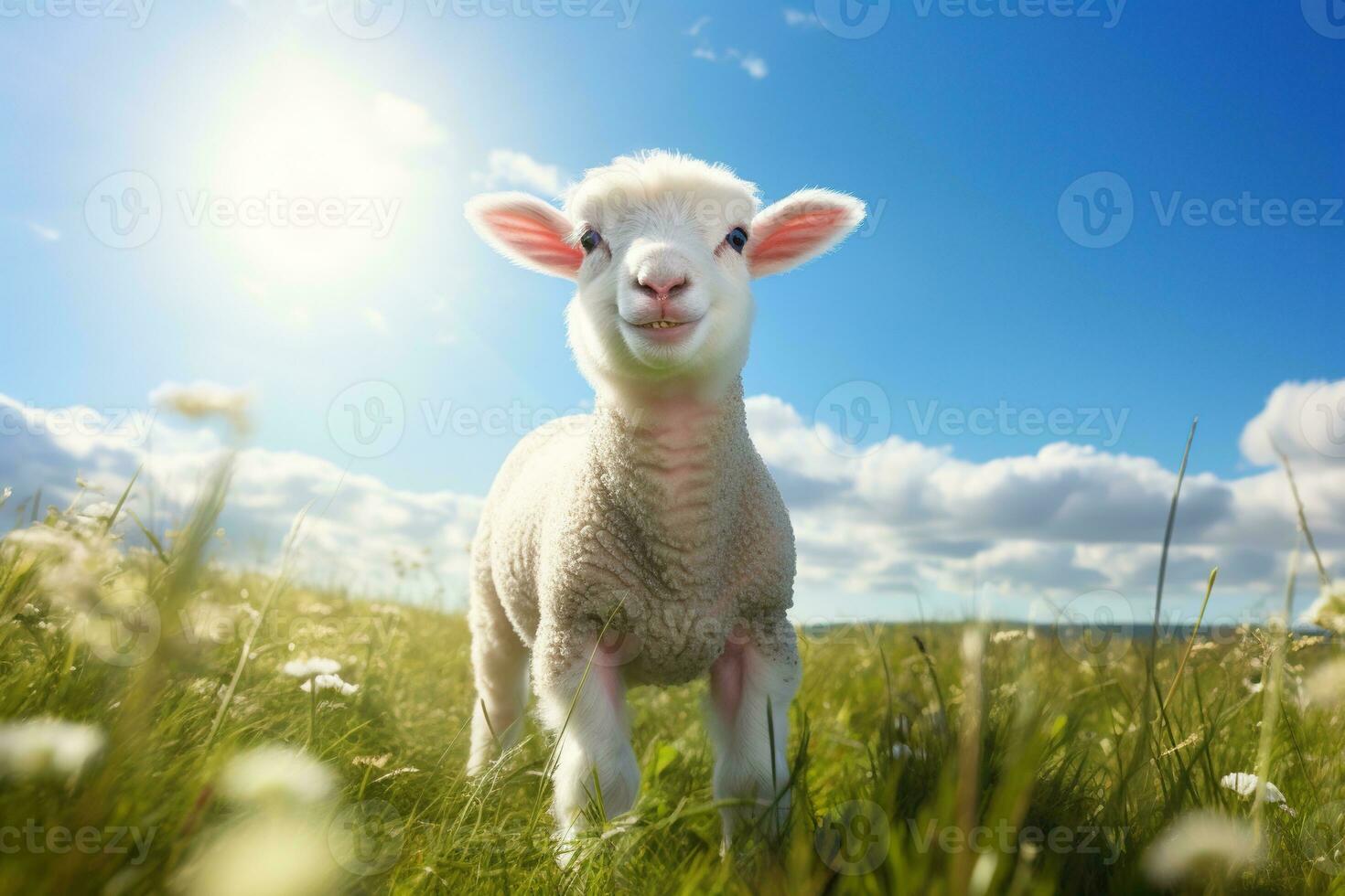 mignonne agneau sur vert herbe en dessous de bleu ciel avec blanc des nuages. ai généré photo