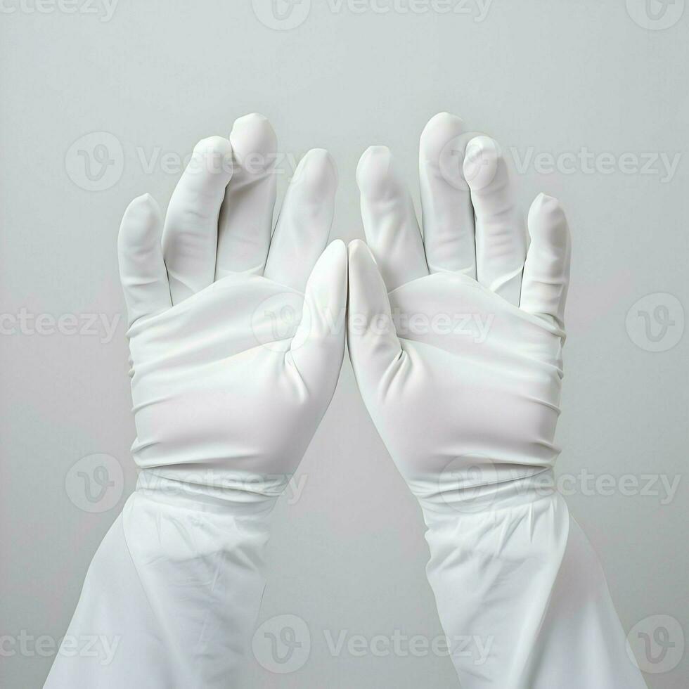 mains dans blanc caoutchouc gants sur une blanc Contexte. haute résolution. ai génératif photo