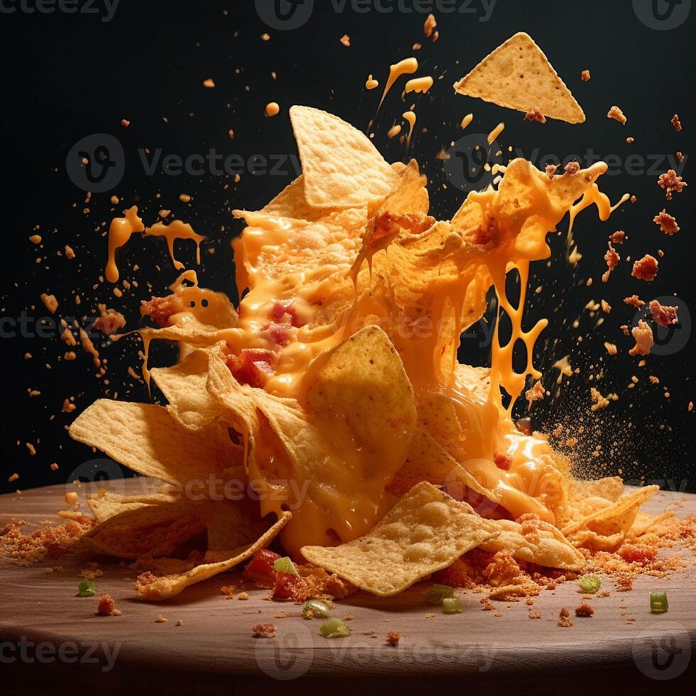 une pile de Nachos avec frites chute dans le air généré avec ai photo