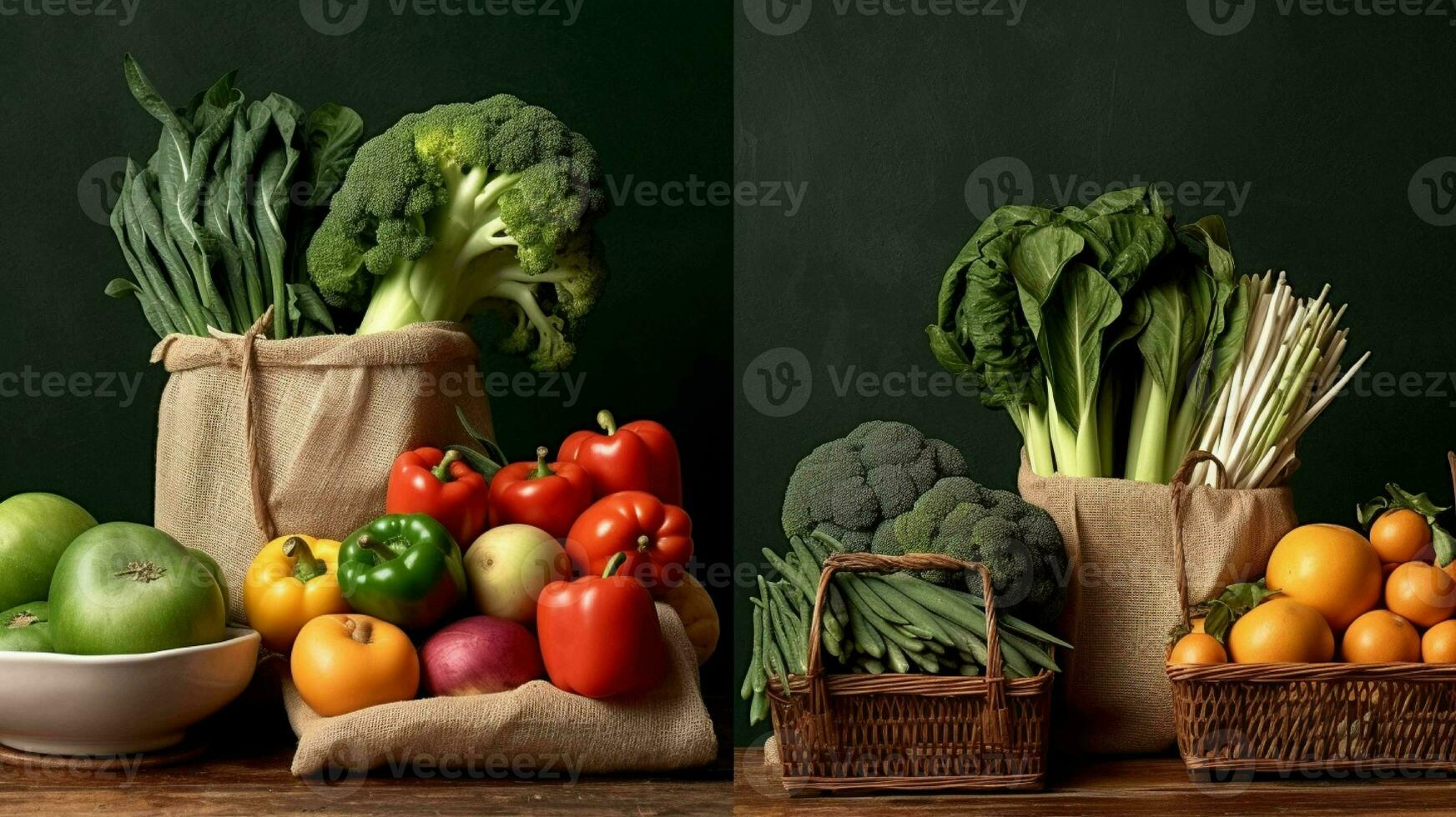 une papier sac rempli avec Frais des fruits et des légumes généré avec ai photo