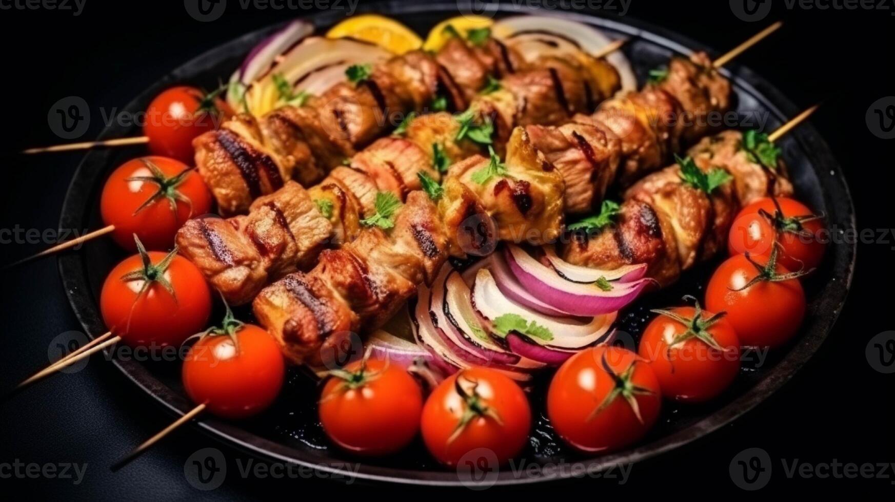 grillé Viande brochettes avec des légumes sur noir assiette généré avec ai photo