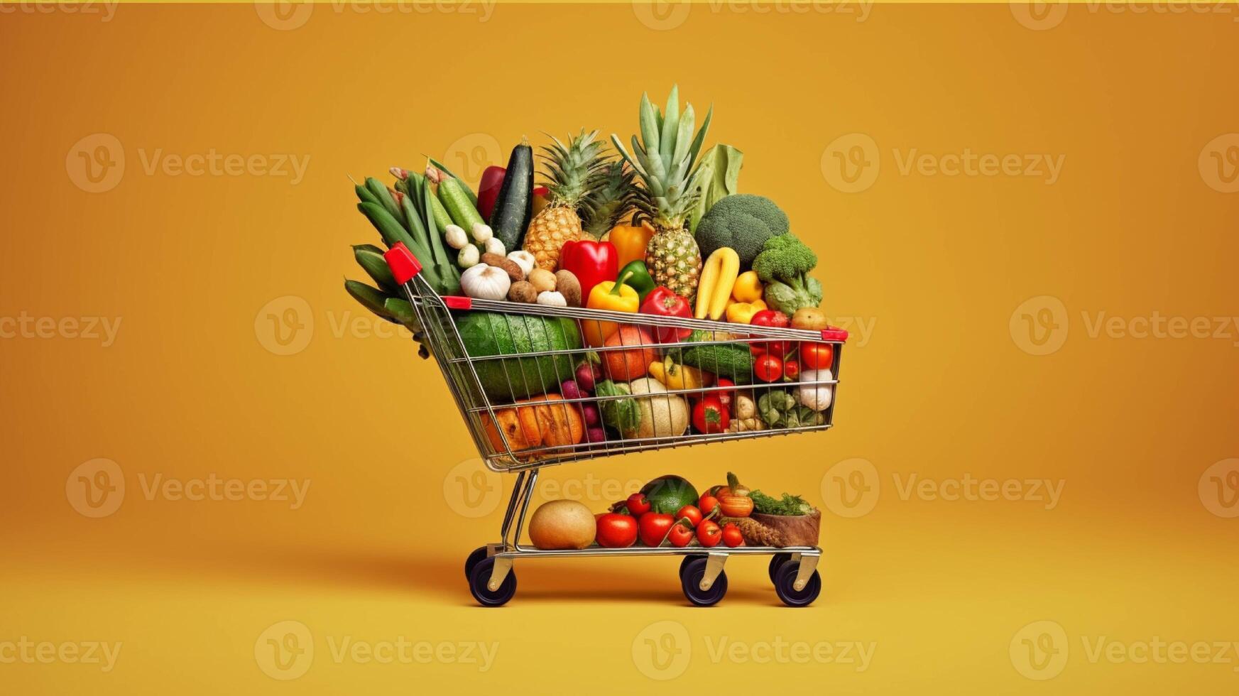 une achats Chariot plein de Frais des fruits et des légumes généré avec ai photo