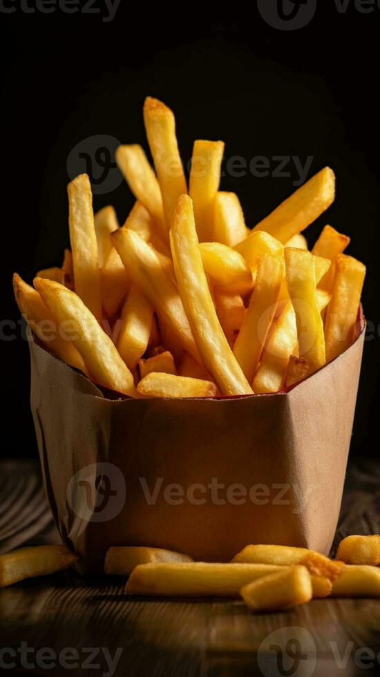 français frites dans une papier boîte sur une rouge Contexte généré avec ai photo