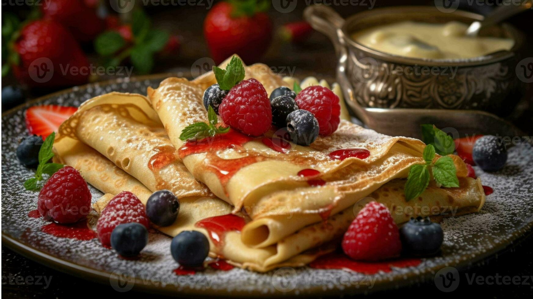 Crêpes avec baies et noix généré avec ai photo