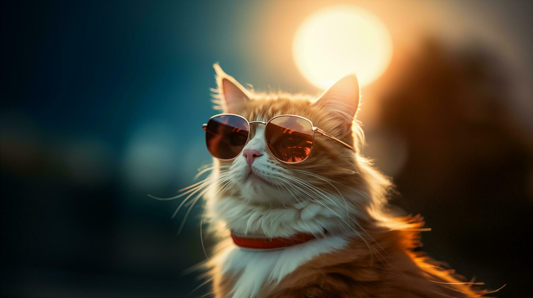 portrait de une chat portant des lunettes de soleil sur le le coucher du soleil Contexte. ai généré photo