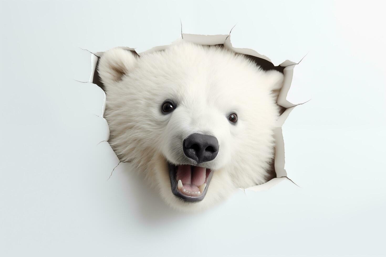 polaire ours collage en dehors de une trou dans une blanc papier Contexte. ai généré photo
