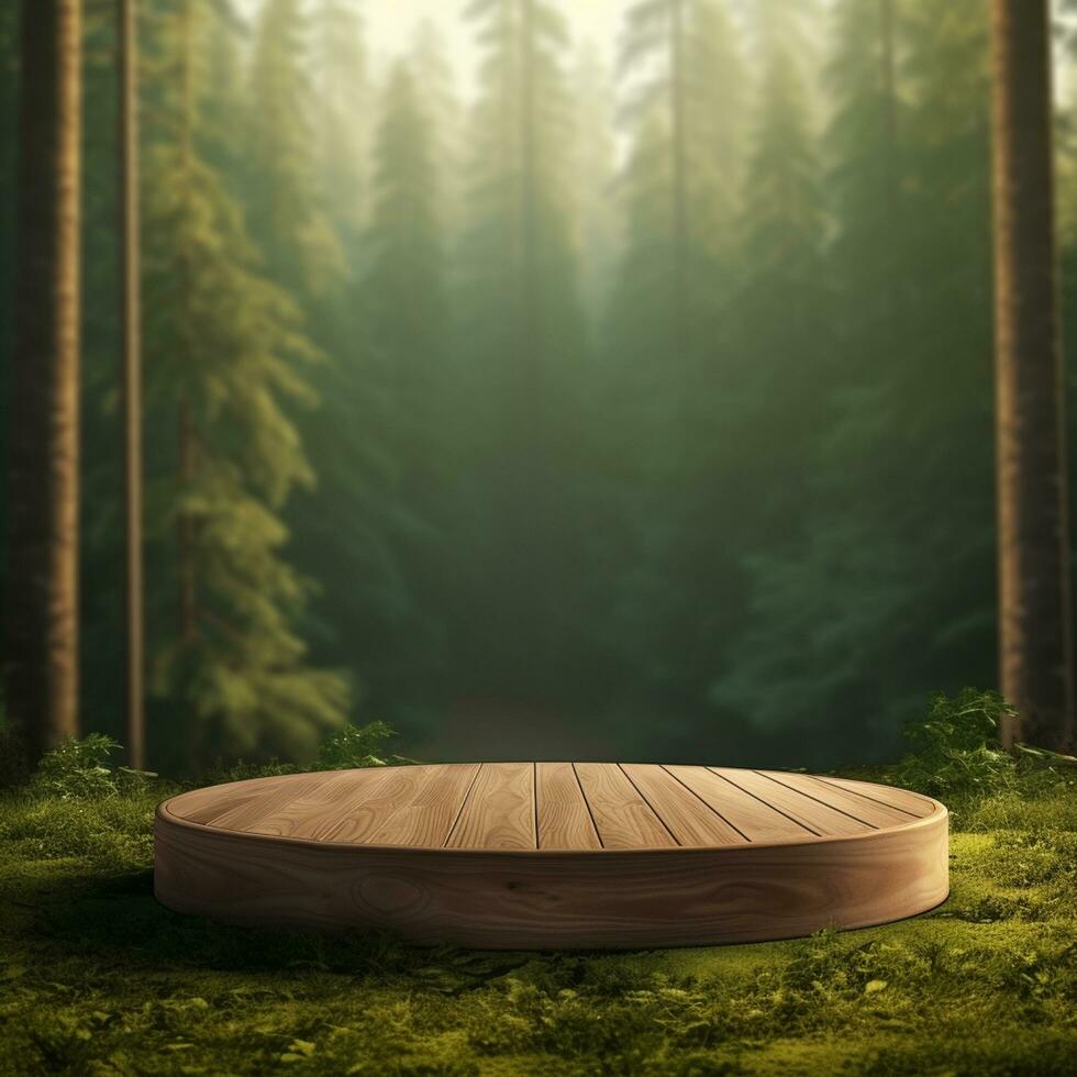 ai généré bois et pierre tranche rond disque podium avec Montagne Contexte podium dans forêt pour produit présentation photo