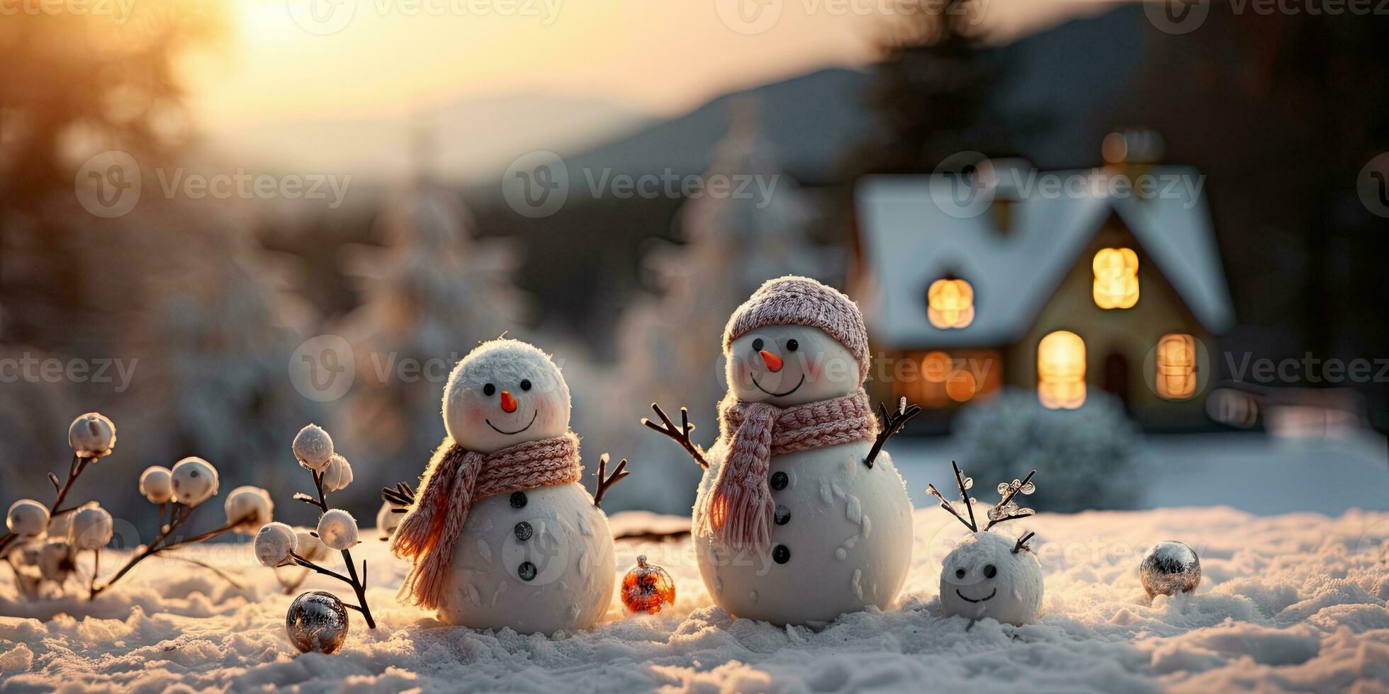 une mignonne souriant bonhomme de neige dans le le plus gros de le neige avec une Contexte. bokeh une Noël arbre et maison le Montagne. c'est une flou Contexte. génératif ai photo