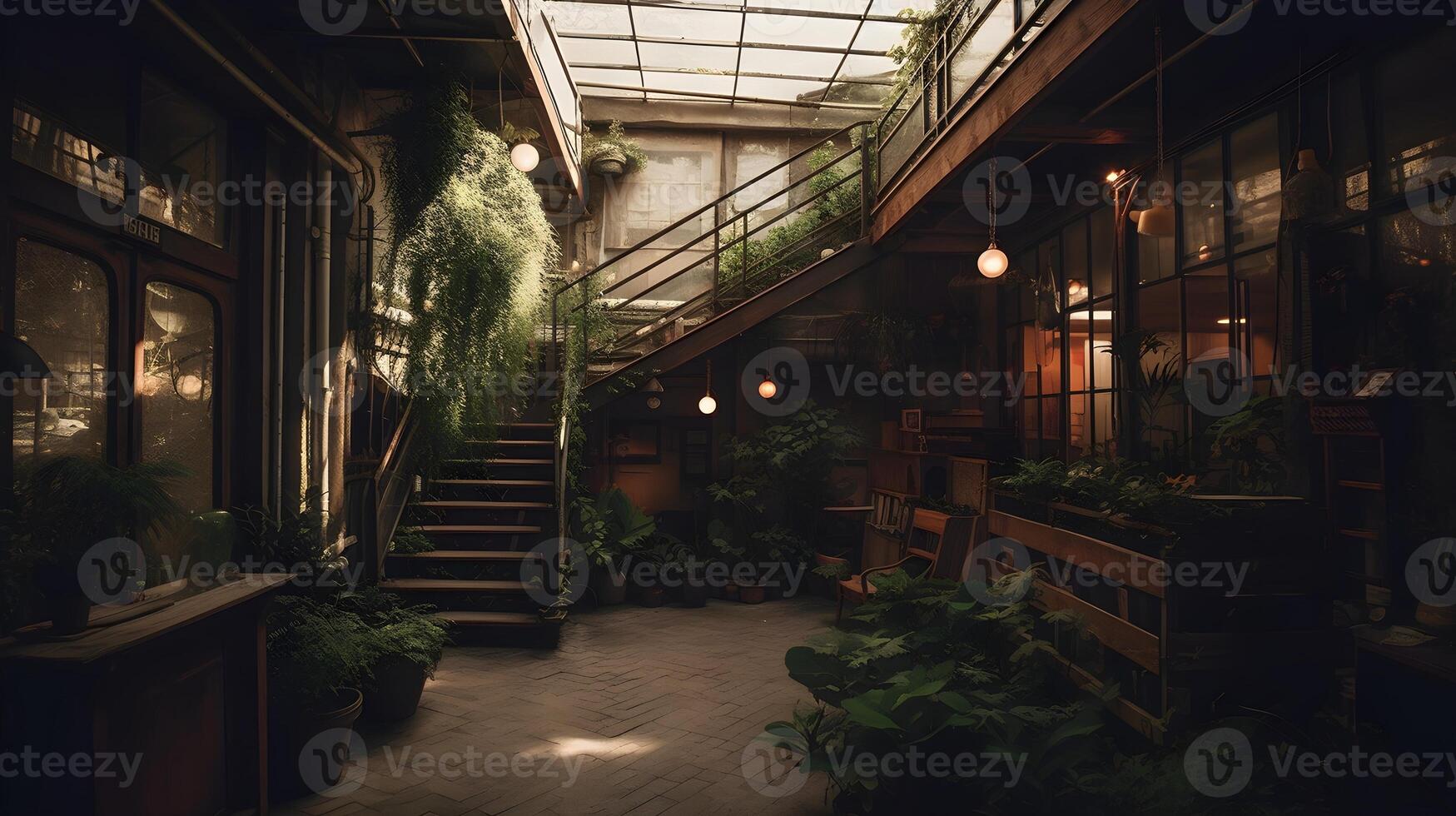 un vieux maison plein de vert plante cacher dans le ombragé zone. ai généré. photo