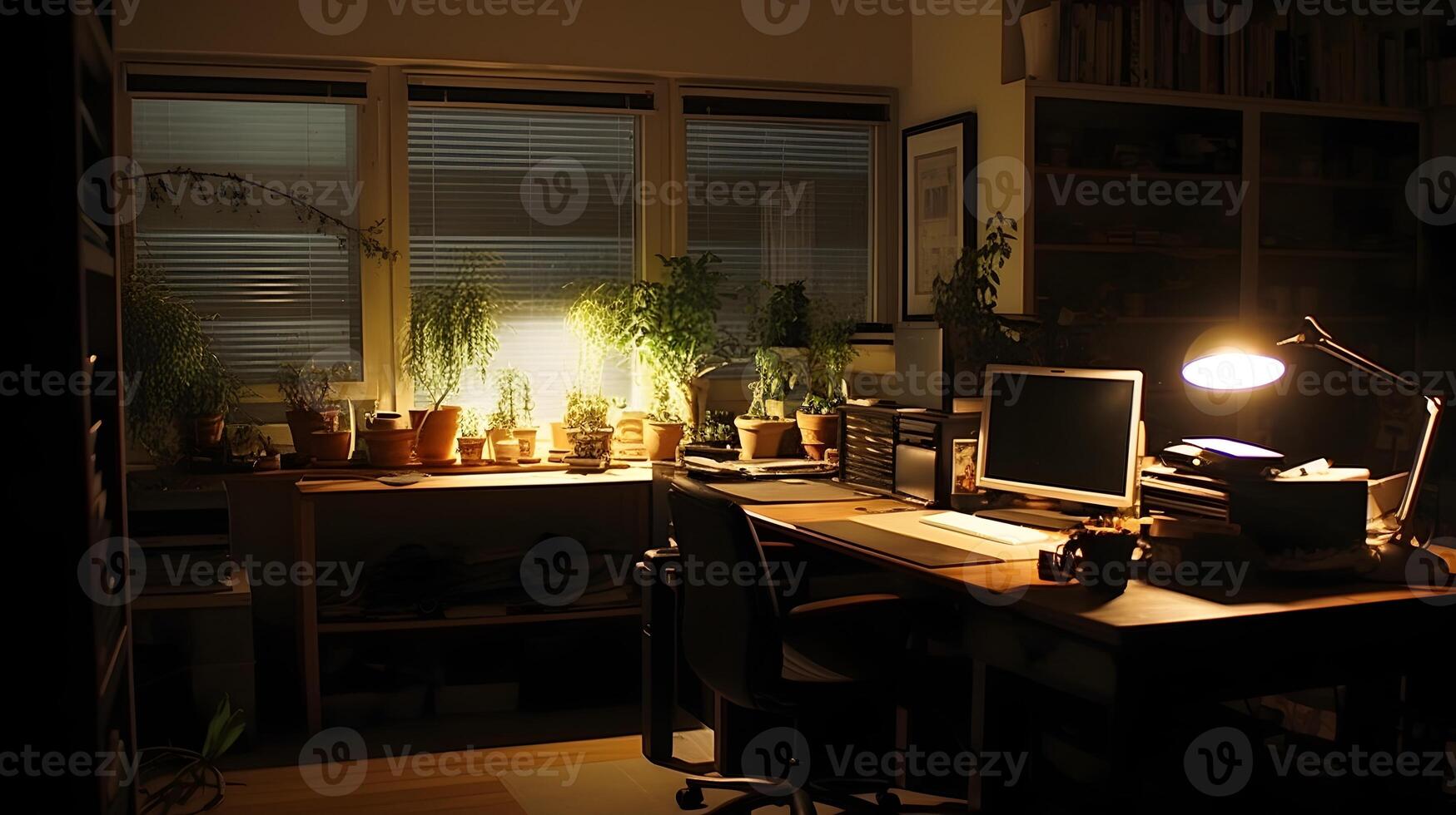 personnel Bureau à nuit heure avec plein de vert plante. ai généré. photo