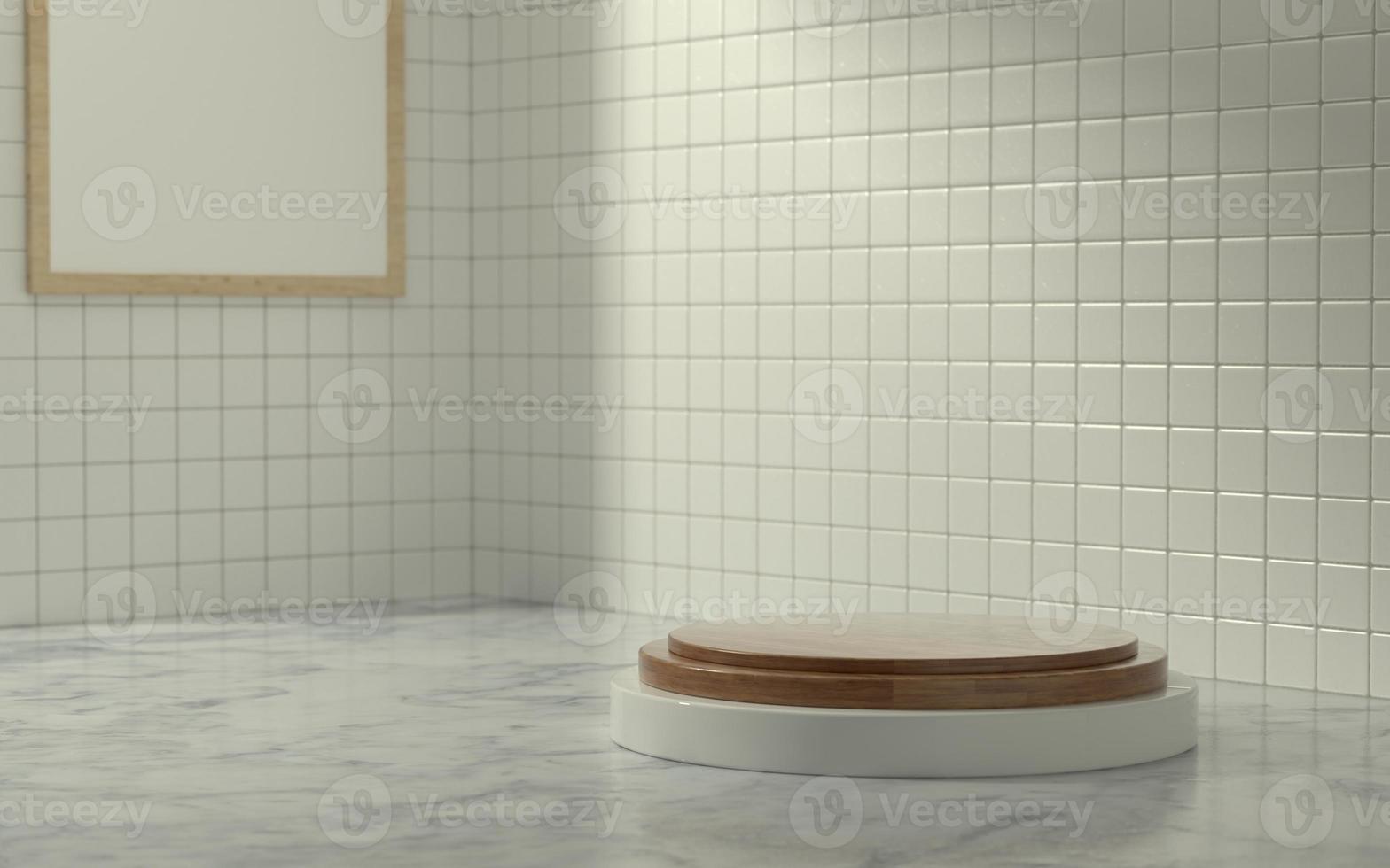 Étape du produit 3d dans la scène de la salle de bain avec la lumière du soleil du matin photo