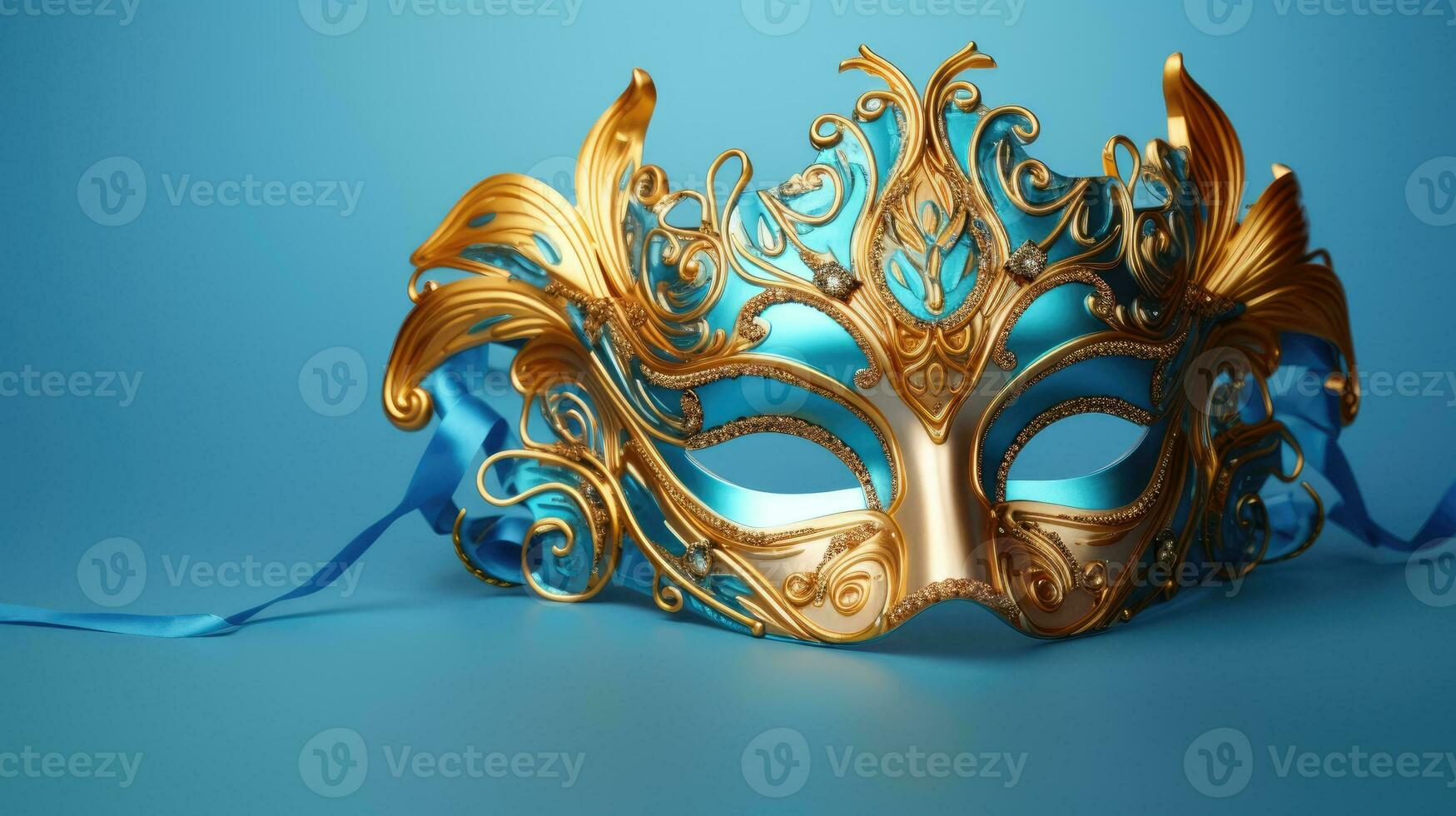 de fête vénitien carnaval masque avec or décorations sur foncé bleu arrière-plan.. génératif ai photo