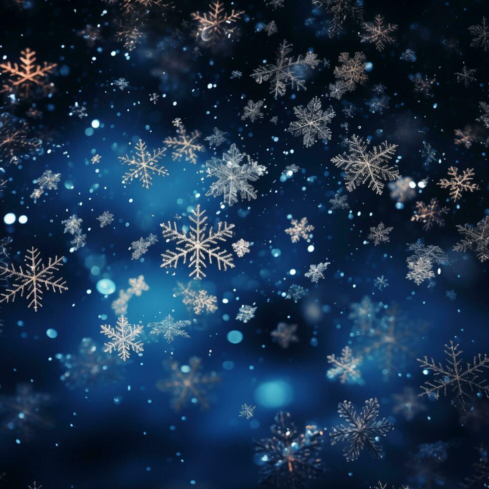 Noël et Nouveau année de fête Contexte. flocons de neige et bokeh lumière sur marine bleu Contexte avec copie espace pour texte. le concept de Noël et Nouveau année vacances photo