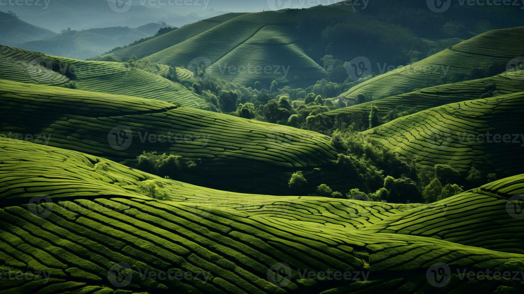 ai généré vert thé plantation, Haut vue texture photo