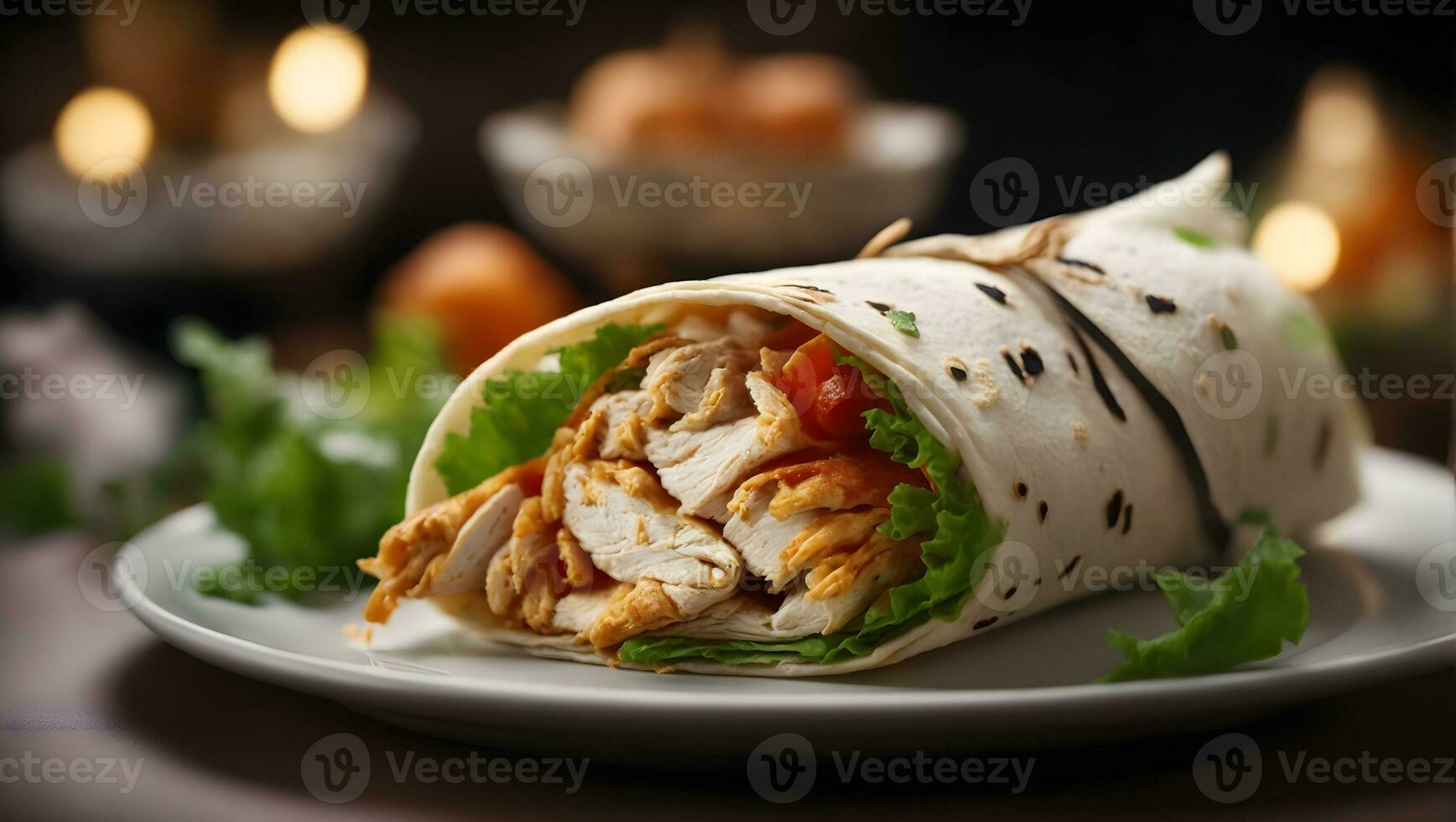 tortilla emballage avec poulet et des légumes sur foncé arrière-plan, fermer. génératif ai photo