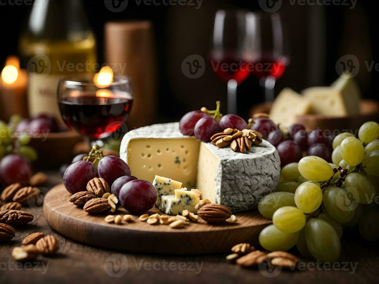 artisanal fromage plateaux avec les raisins et variété de des noisettes. génératif ai photo