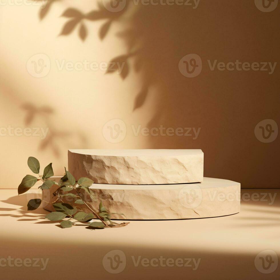 étagère avec l'automne feuilles sur une beige podium. ai génératif photo