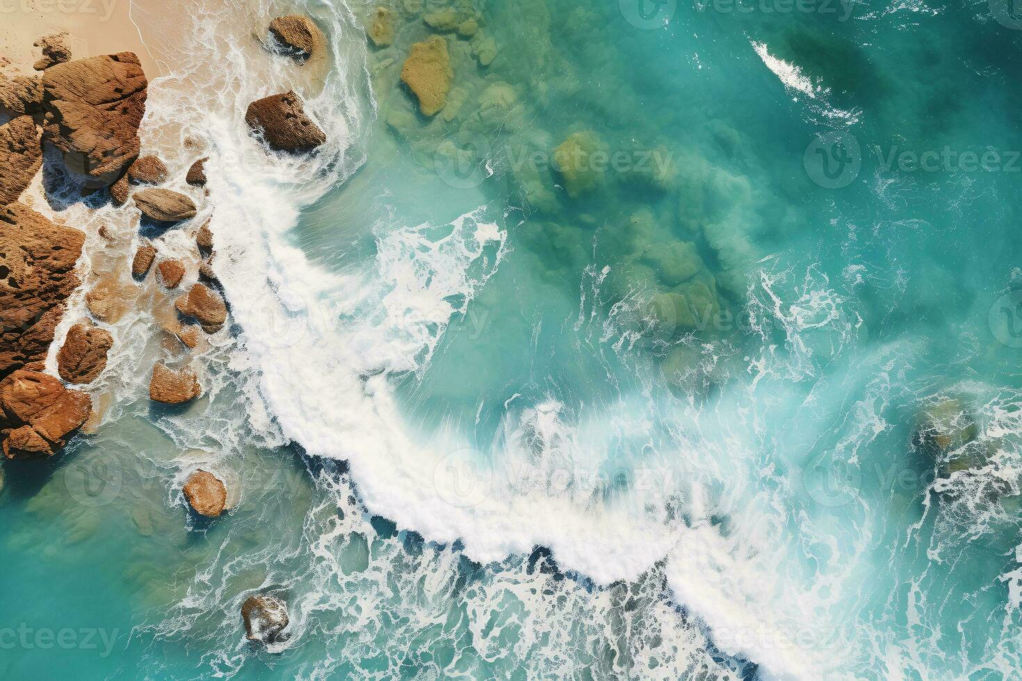 Haut vue de tropical plage vagues sur turquoise l'eau. ai génératif photo