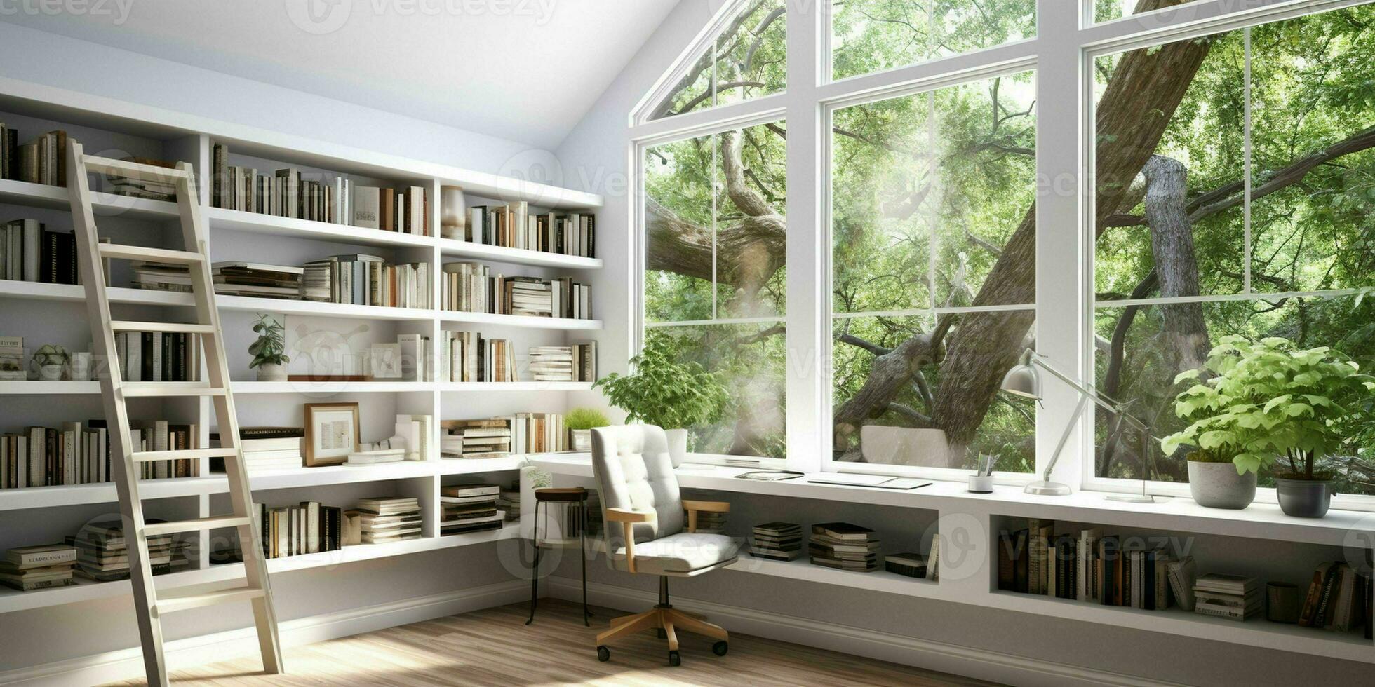 ai généré une minimal Accueil Bureau avec vue de fenêtre, mural bureau, moderne chaise et une bibliothèque photo