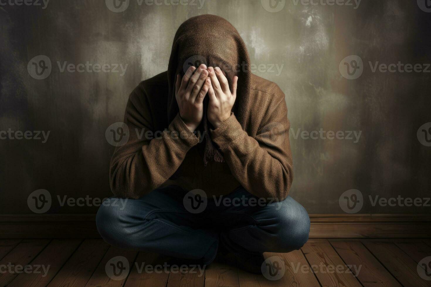 déprimé homme séance sur le sol Bureau photo