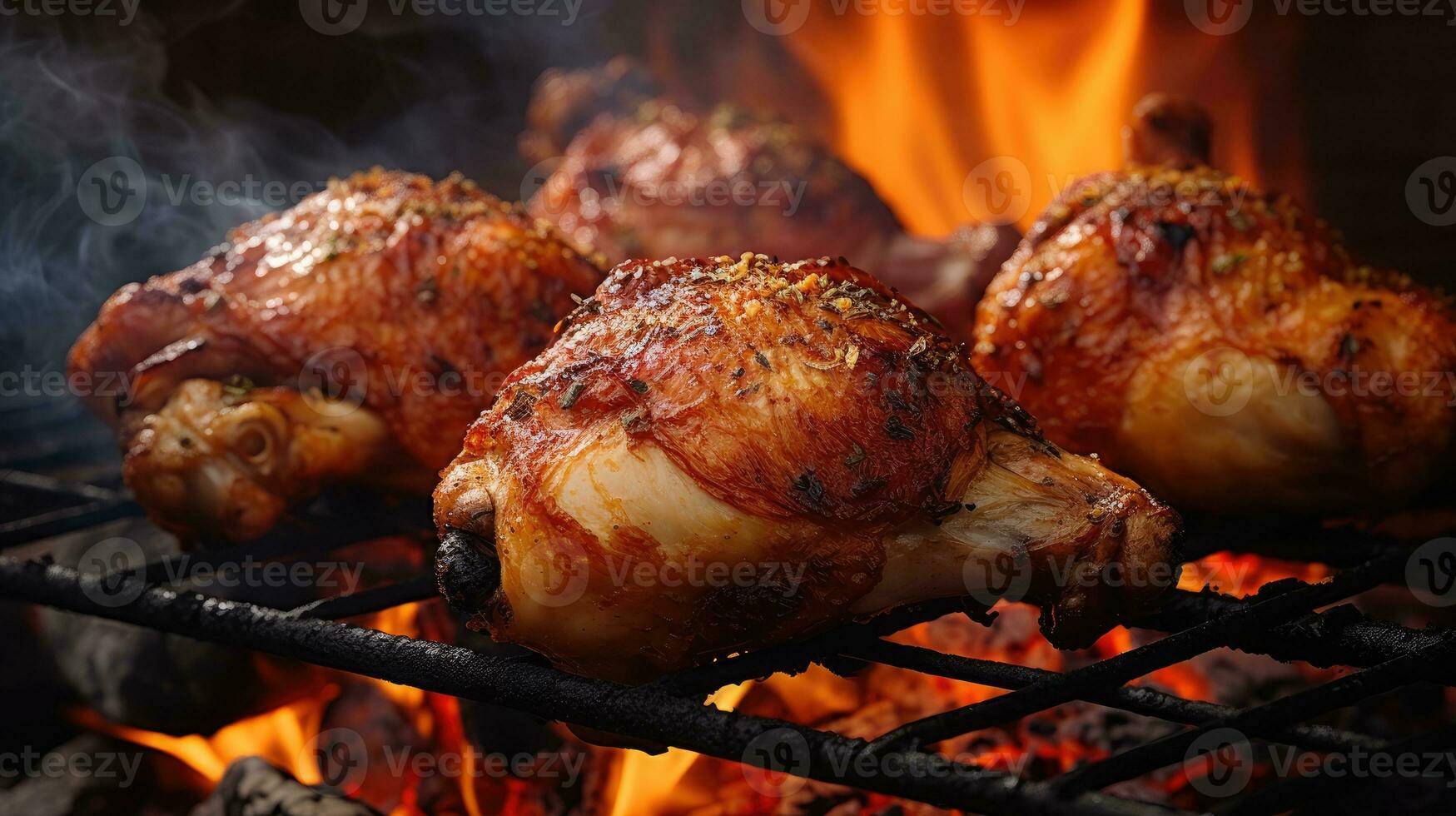 rôti poulet jambes sur le gril avec flammes et fumée, proche en haut photo