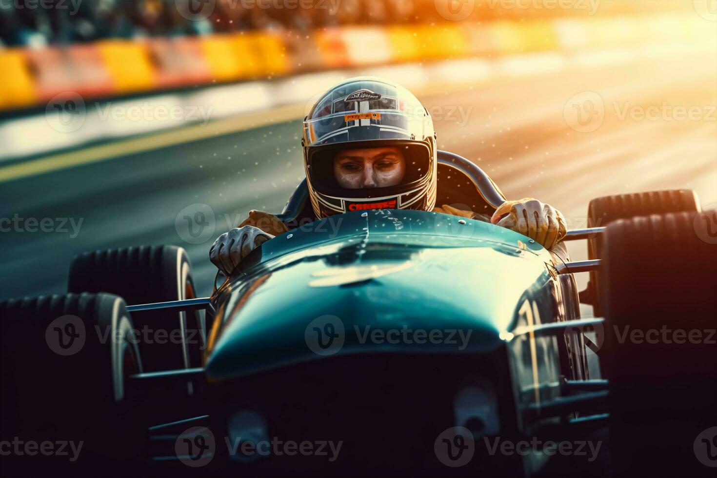 fermer portrait de une Jeune homme conduite une vite voiture sur le course piste. photo