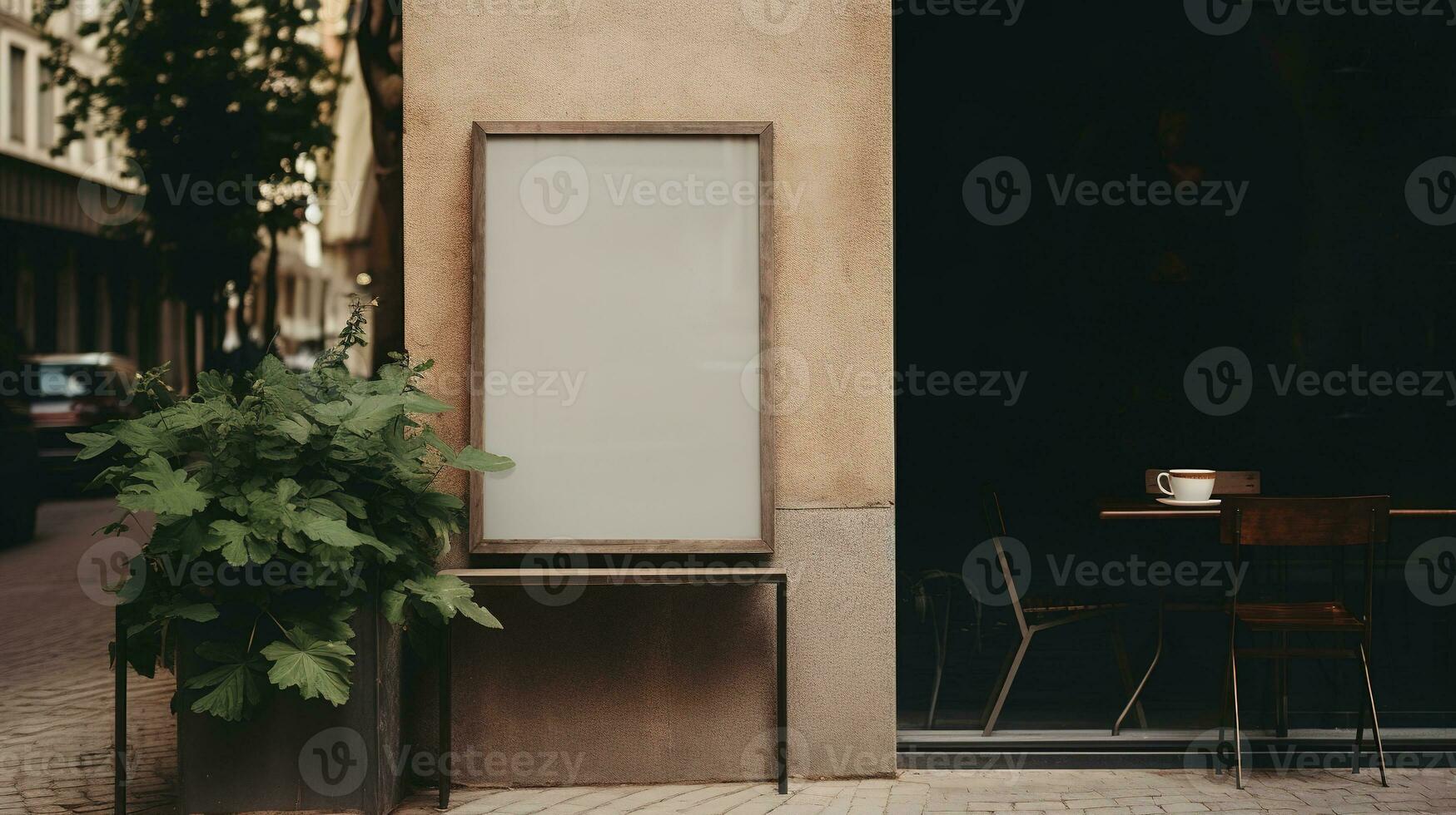 ai généré génératif ai, café magasin rue enseigne moquer en haut pour logo conception, marque présentation, esthétique en sourdine neutre couleurs, sur le mur Extérieur photo