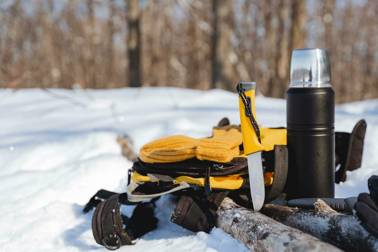 une couteau pour survie dans le forêt est coincé avec une lame dans une enregistrer. touristique équipement, équipement pour une hiver randonnée, une thermos avec chaud thé. photo