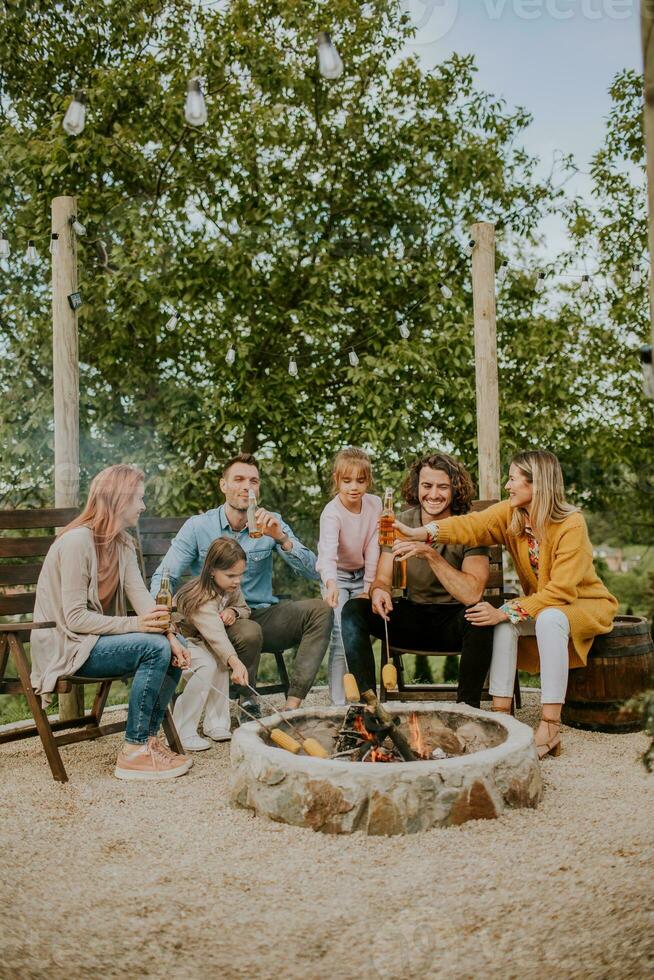 copains ayant bien temps et cuisson cors dans le maison arrière-cour photo