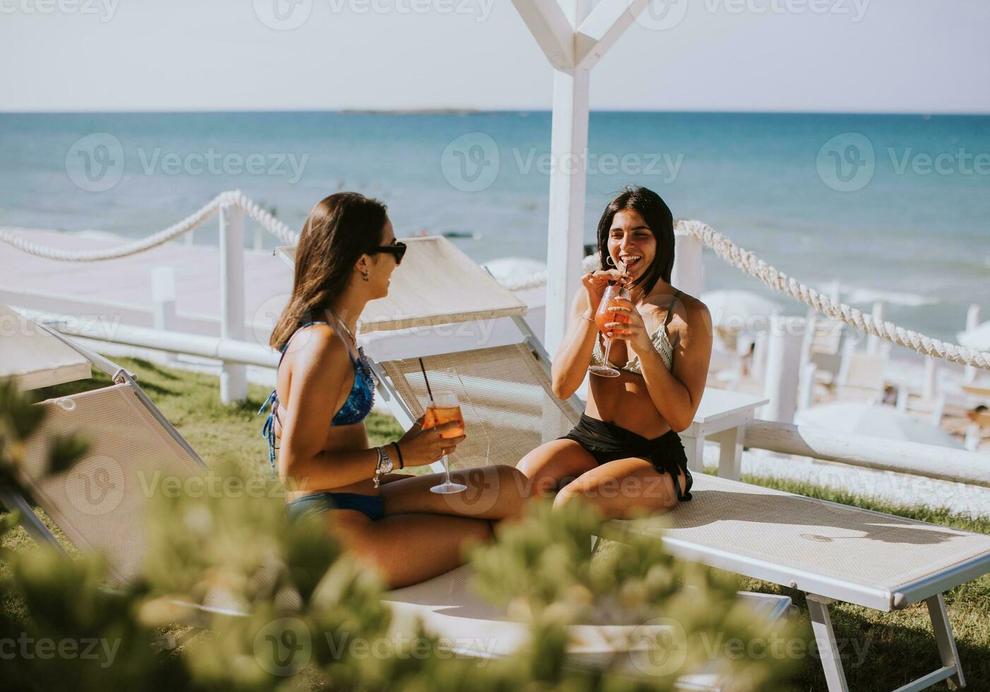 souriant Jeune femmes dans bikini profiter vacances sur le plage photo