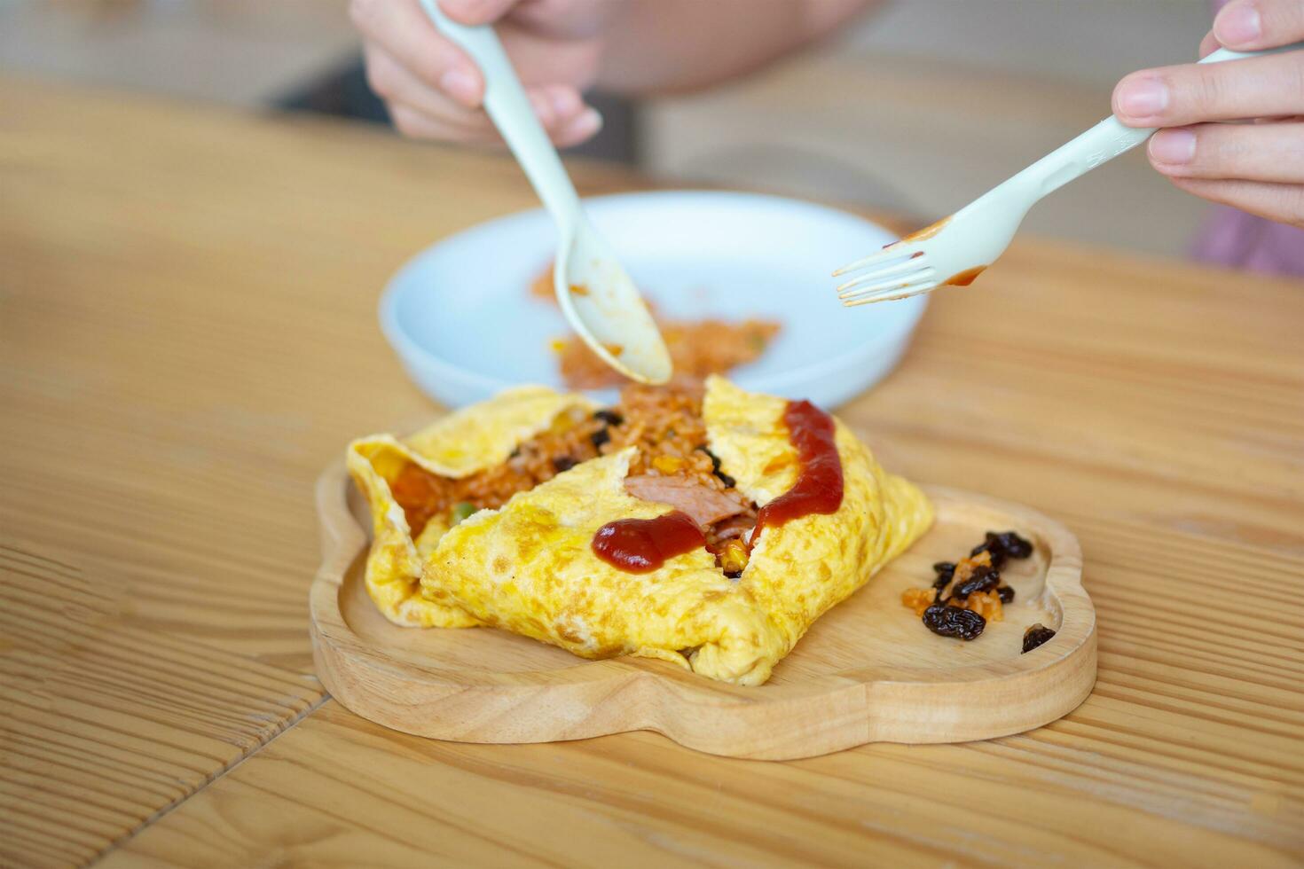 omelette enveloppé avec porc et sauté sauce photo