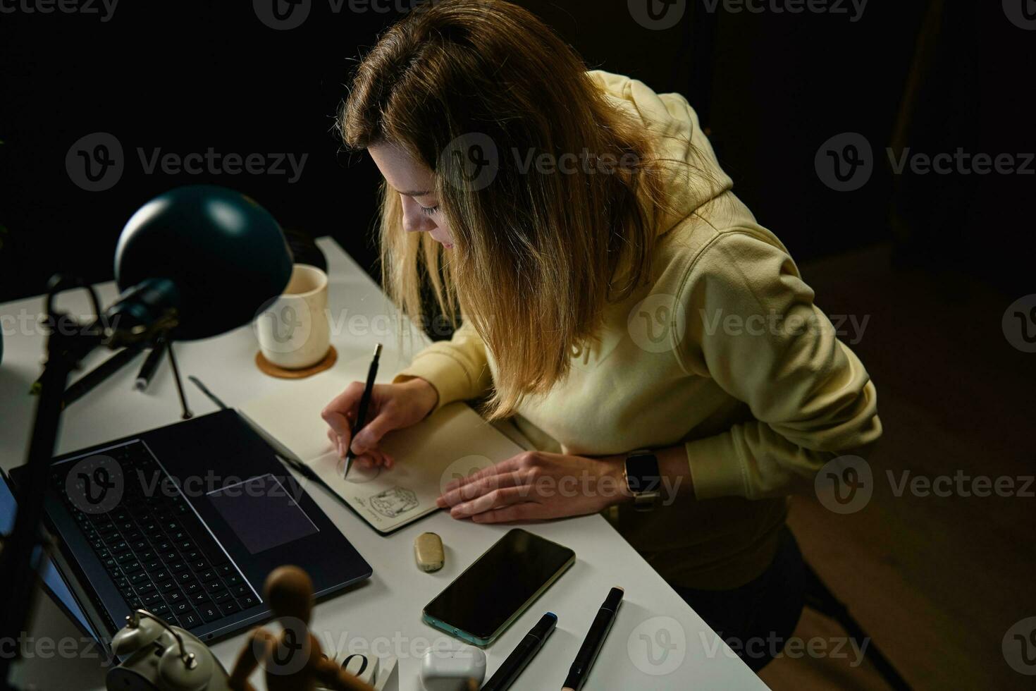 femelle designer travail dans Accueil Bureau à nuit photo