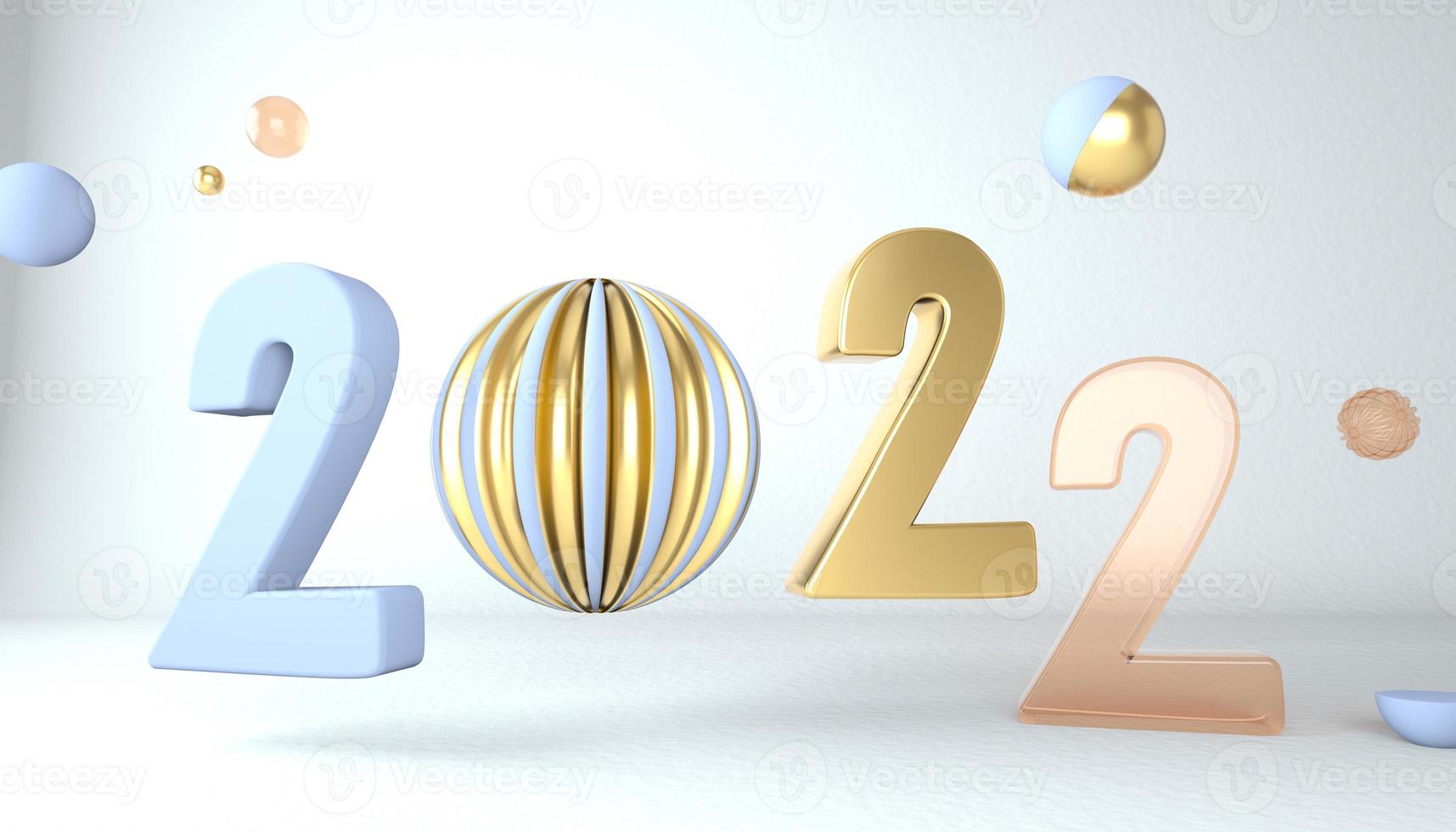 bonne année 2022. nombres 3d avec des formes géométriques et boule de noël. rendu 3D. photo