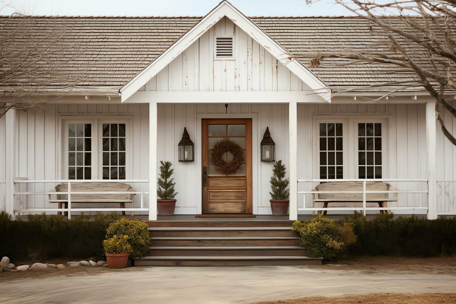 extérieur de de face porte luxe ferme style maison dans campagne, ai généré photo