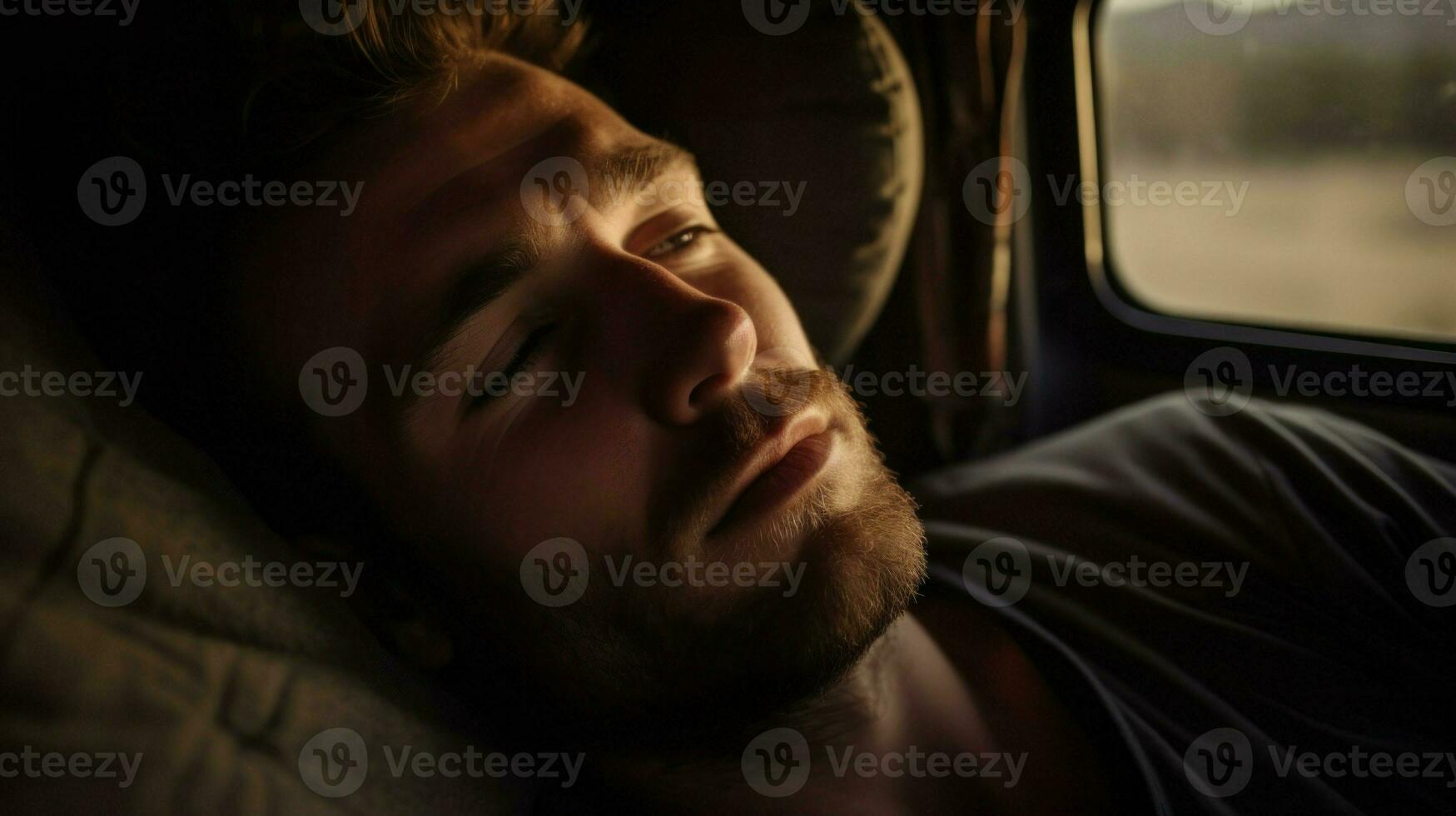 en voyageant homme mensonge endormi dans le sien caravane. génératif ai photo