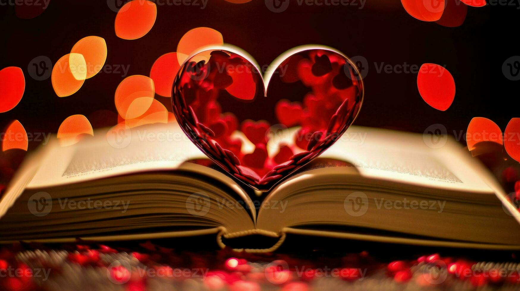 une brillant cœur icône dans le centre de un ouvert livre. génératif ai photo