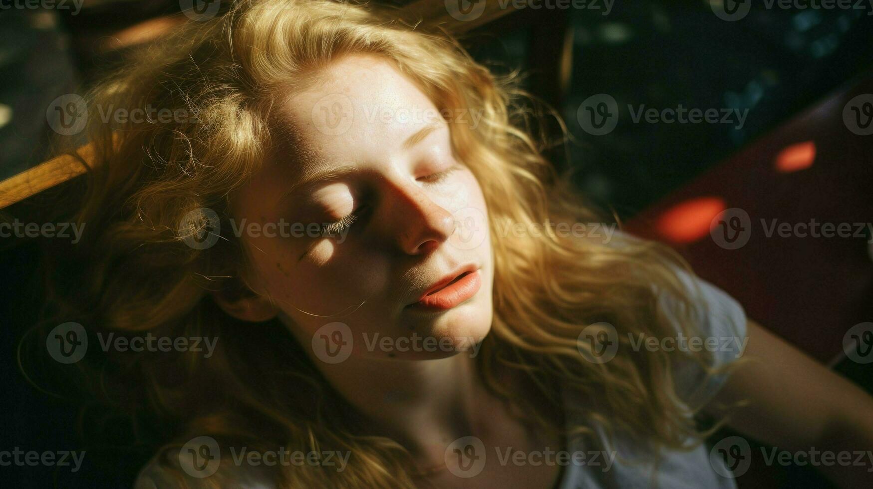 une blond femme est endormi avec le Soleil brillant sur sa affronter. génératif ai photo