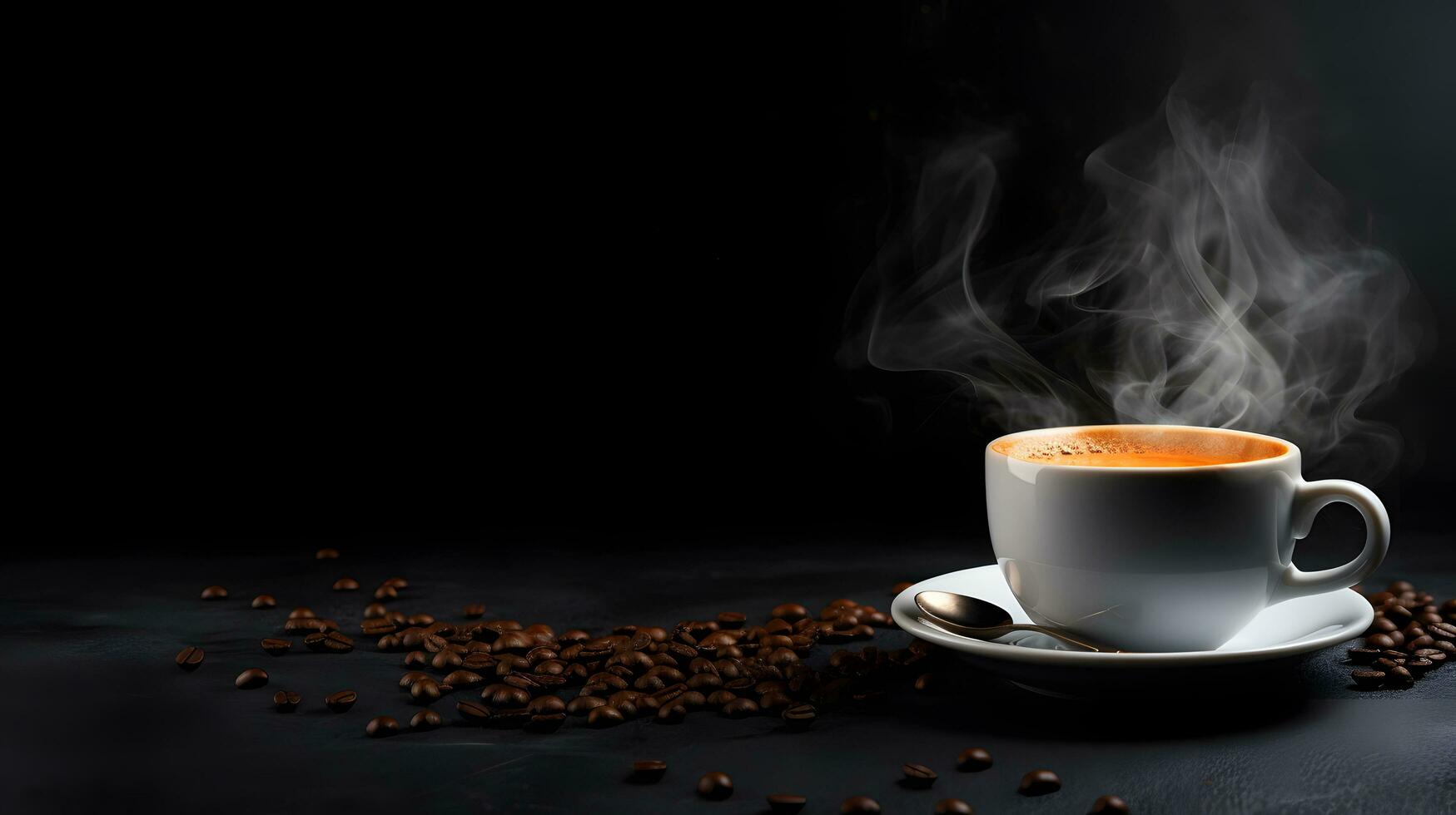 une tasse de chaud café et rôti café des haricots avec une foncé Contexte pour fond ai génératif photo