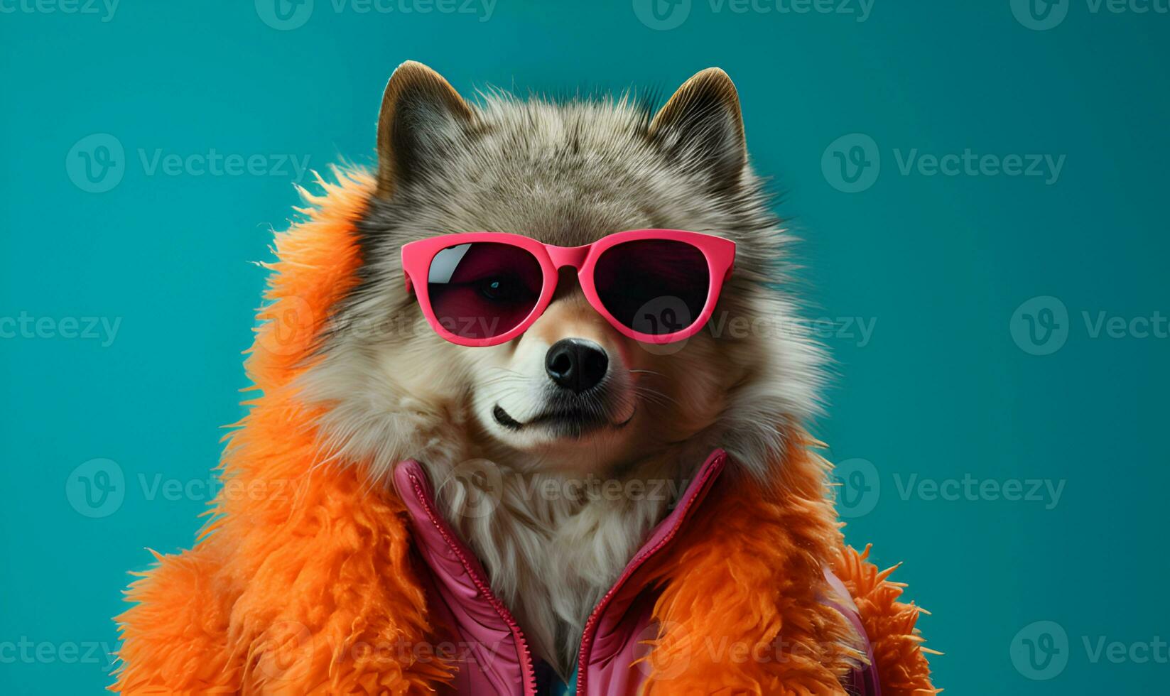 content chien personnage dans deux Ton élégant des lunettes de soleil et fourrure manteau à la recherche une façon contre pastel et turquoise Contexte. ai génératif. photo