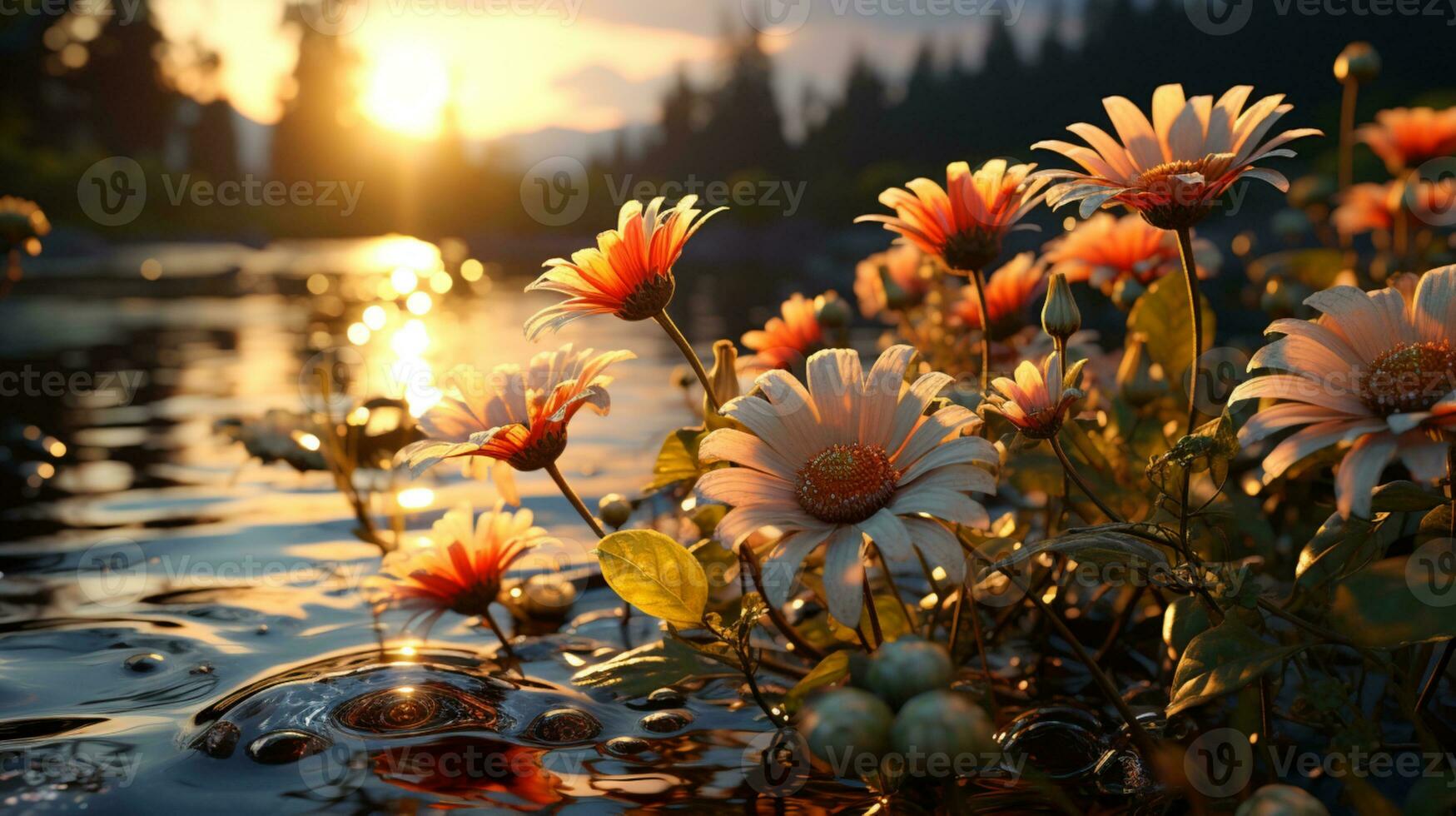 gerbera fleur le coucher du soleil ou lever du soleil ciel idyllique sur d'or heures ai généré photo